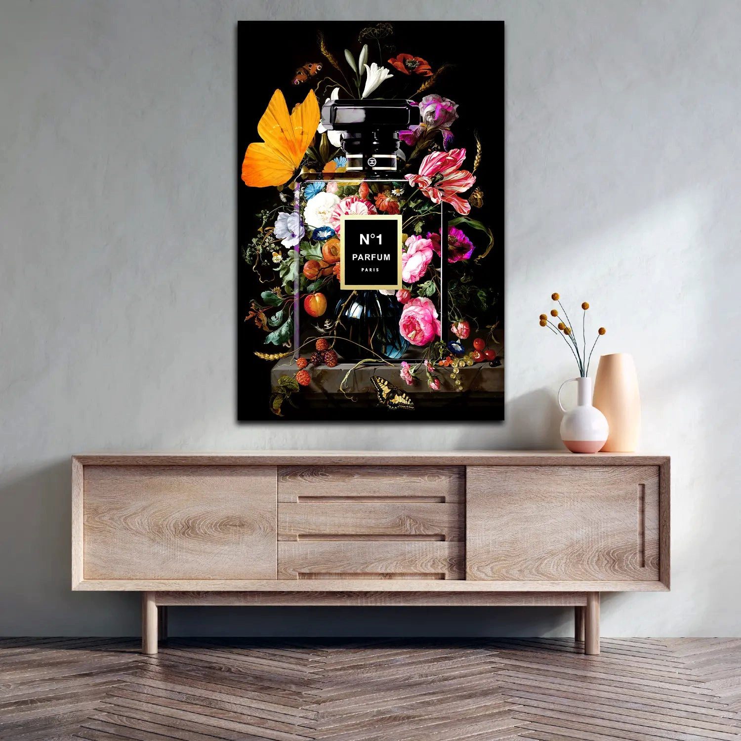 Artedinoi Leinwandbild Parfümflasche Lifestyle Blumen Wandbild Leinwandbild Kunst Deko XL, Parfümflasche mit Blumen