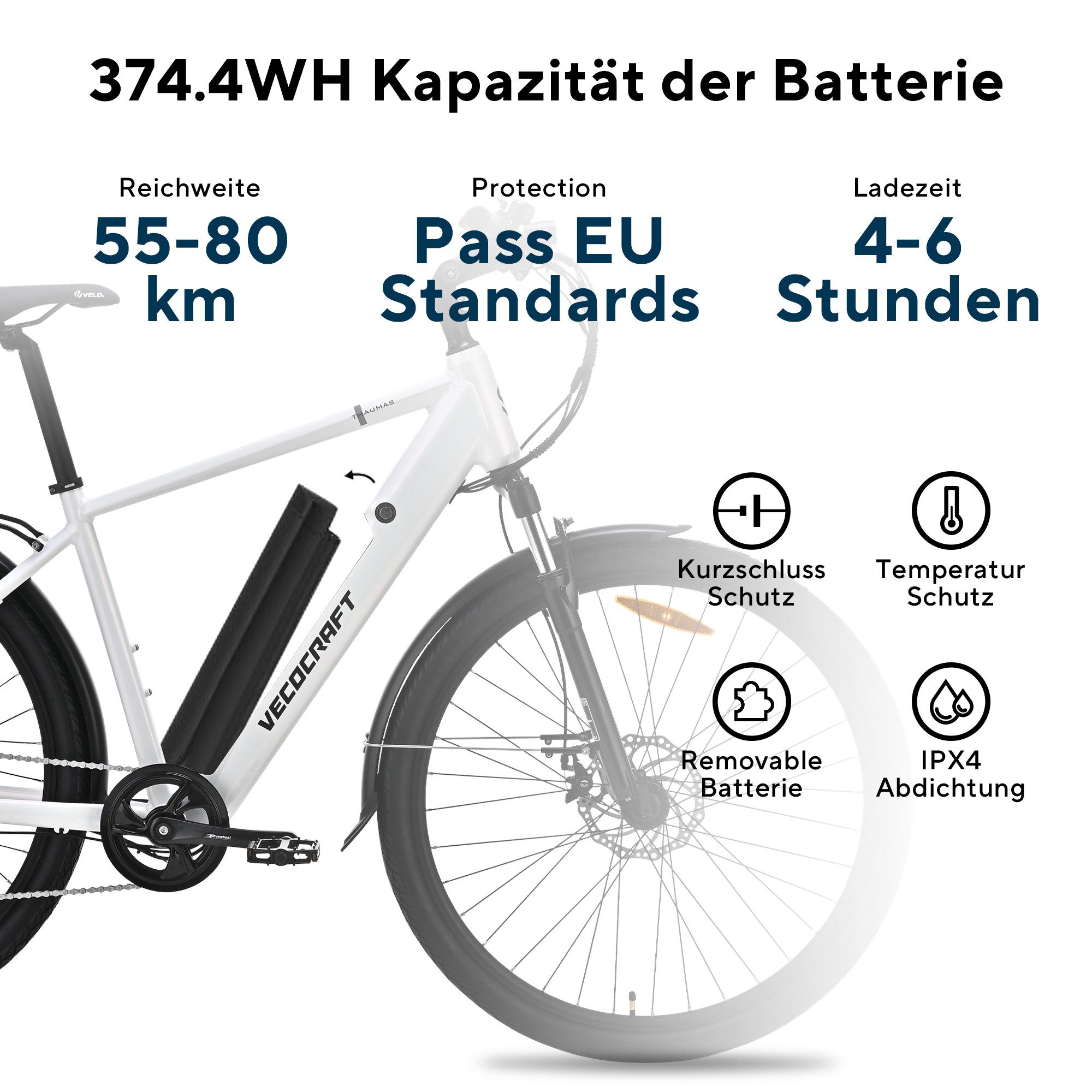 VECOCRAFT E-Bike Trekkingrad Thaumas 375WH, 7 Gang Shimano, Kettenschaltung, Heckmotor, 375 Wh