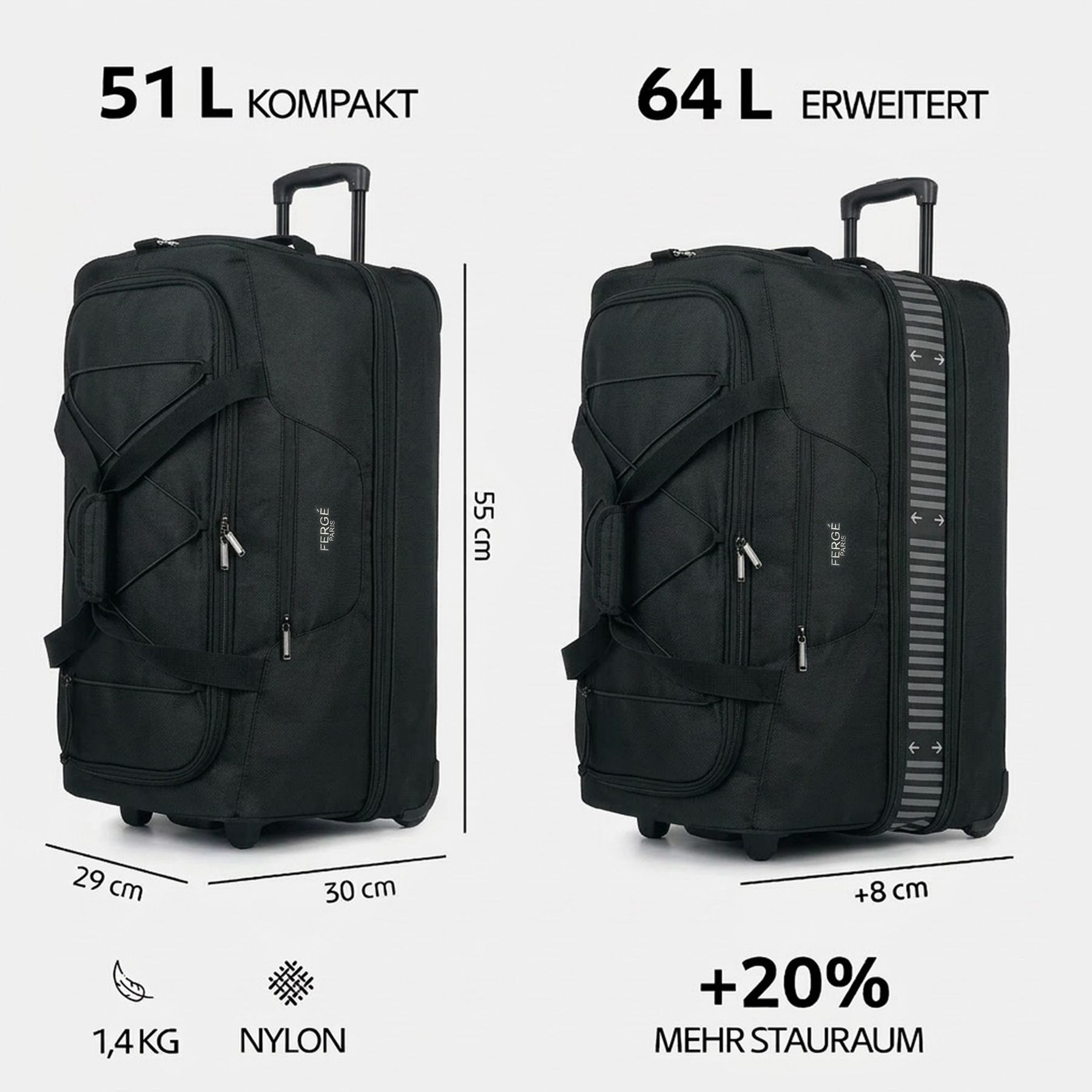 FERGÉ Reisetasche mit Rollen & extra Schuhfach, groß, Handgepäck, Tragetasche aus Nylon, Erweiterbare Reisetasche, Handgepäck / XL, Schuhfach & Außenfächer