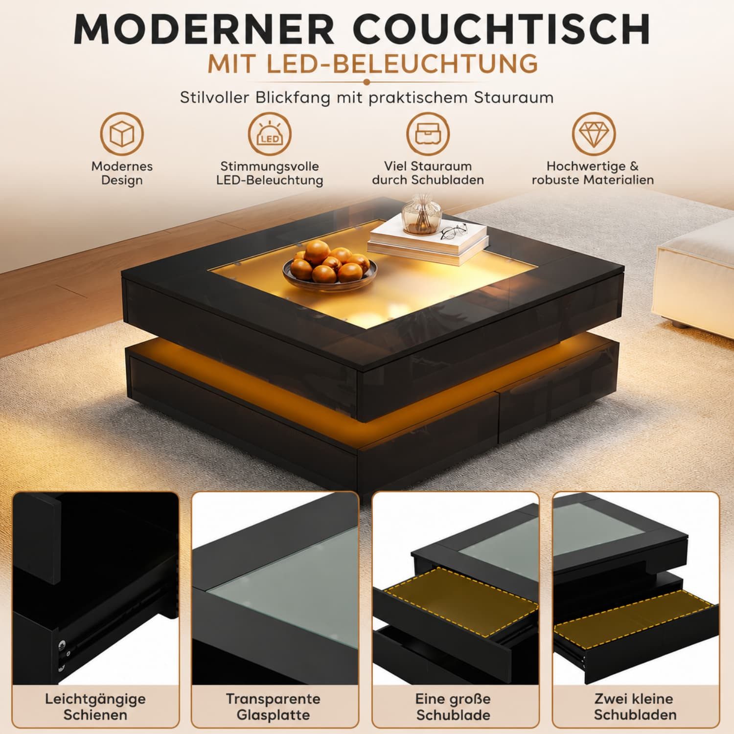 ANYSUN Couchtisch Hochglanz Sofatisch mit 3 Schubladen,Rundum-LED-Beleuchtung,Glasplatte (1 Beistelltisch für Wohnzimmer,Schwarz,Belastbarkeit bis 30 kg), Quadratischer Wohnzimmertisch mit App-Steuerung,Stauraum,70x70x35 cm