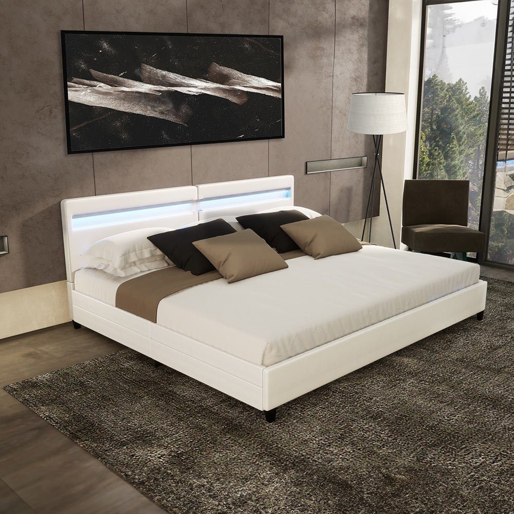 HOME DELUXE Kunstlederbett LED Bett mit Schubladen - 200 x 200 cm / 270 x 200 cm (inkl. Schubladen), gepolstertes Kopfteil, LED Beleuchtung, Familienbett, Stauraumbett