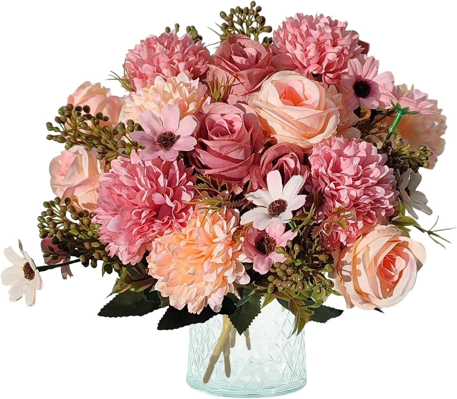 Kunstblumenstrauß 4er Set rosa künstliche Rosenblumensträuße, FOUORTUNATE-BEE, Künstliche Blumensträuße mit Rosen, Hortensien & Gänseblümchen