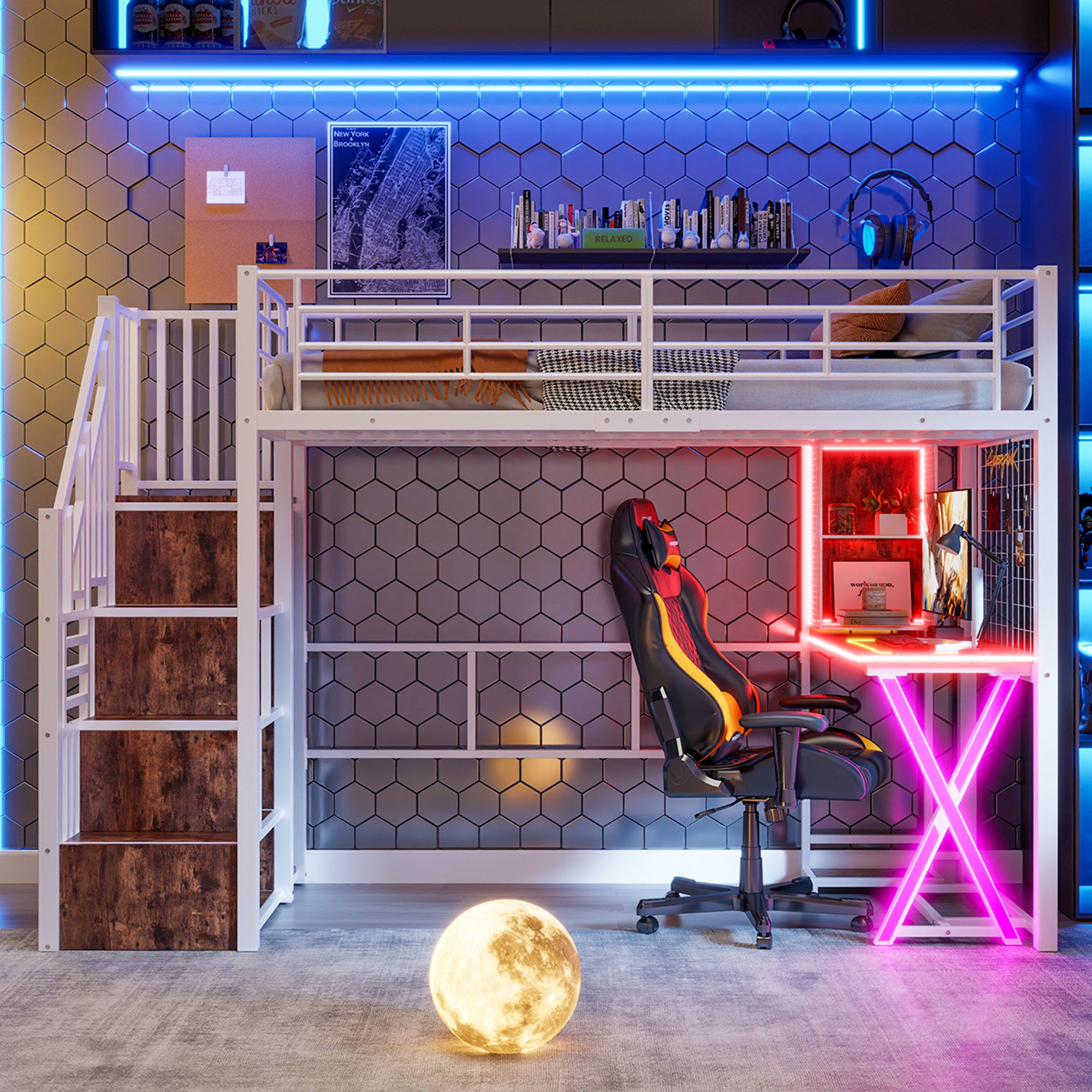 Flieks Hochbett LED Metallbett 90x200cm mit Schreibtisch Kleiderschrank Sta günstig online kaufen