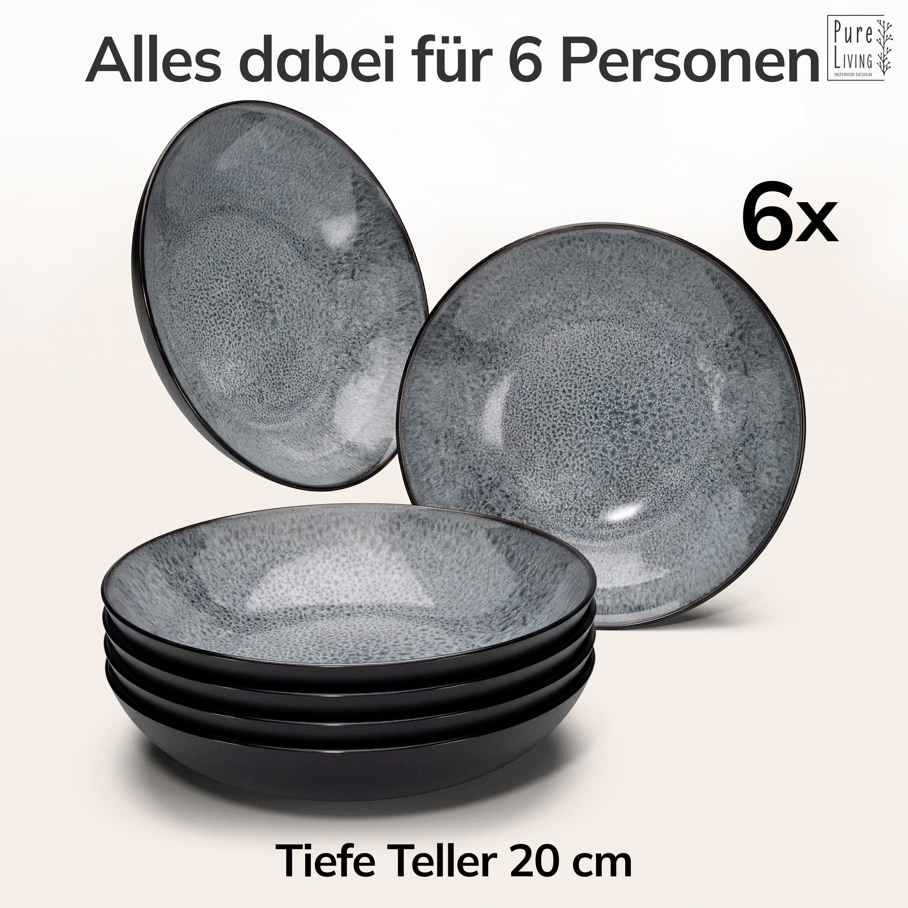 PURE LIVING INTERIOR DESIGN Geschirr-Set Ibiza, 6er-Set Suppenteller, 20 cm, Riffelstruktur, Grau (6-tlg), 6 Personen, Steingut – Bild 5 von 5