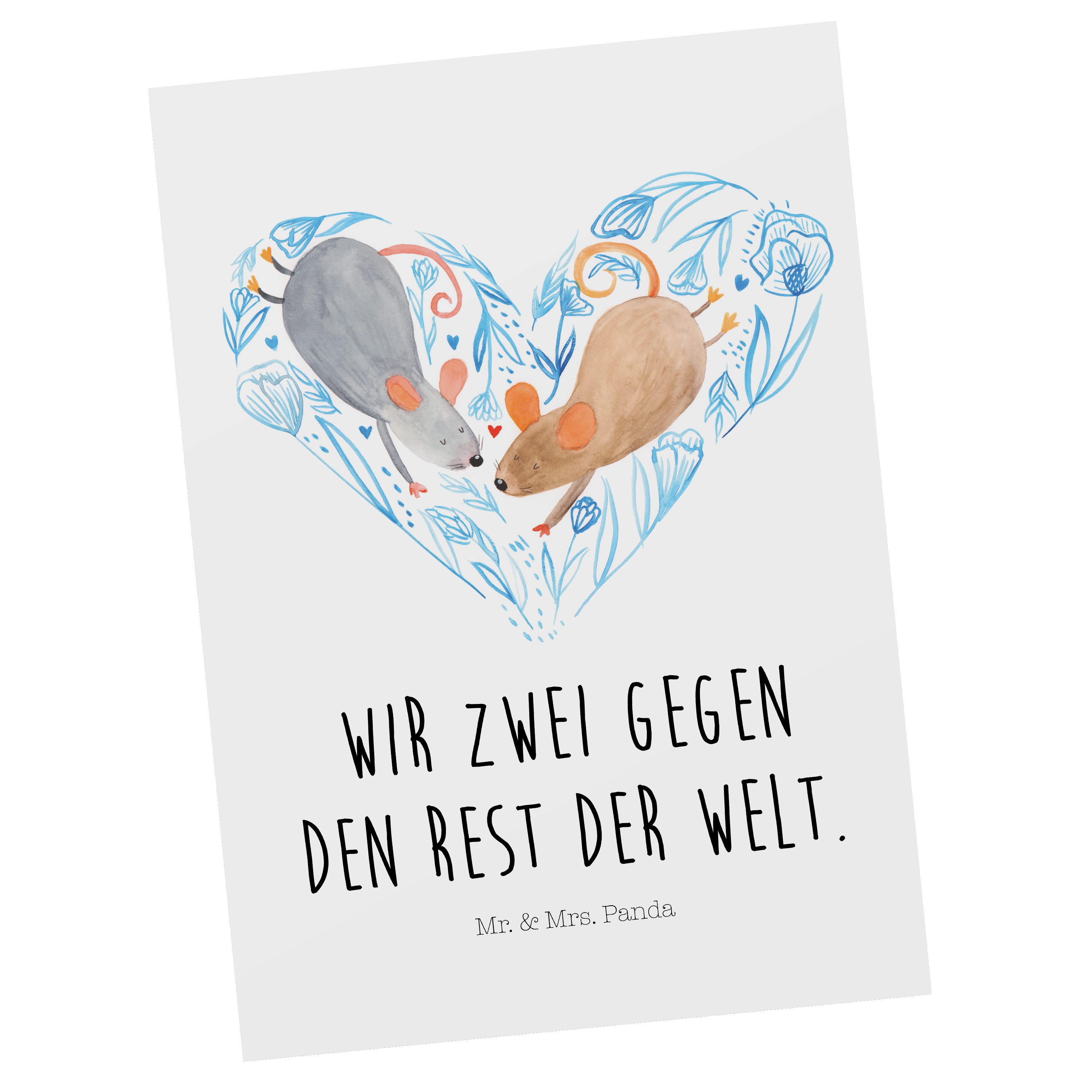 Mr. & Mrs. Panda Postkarte Mäuse Herz - Weiß - Geschenk, große Liebe, Ehefrau, Verlobung, Geburt