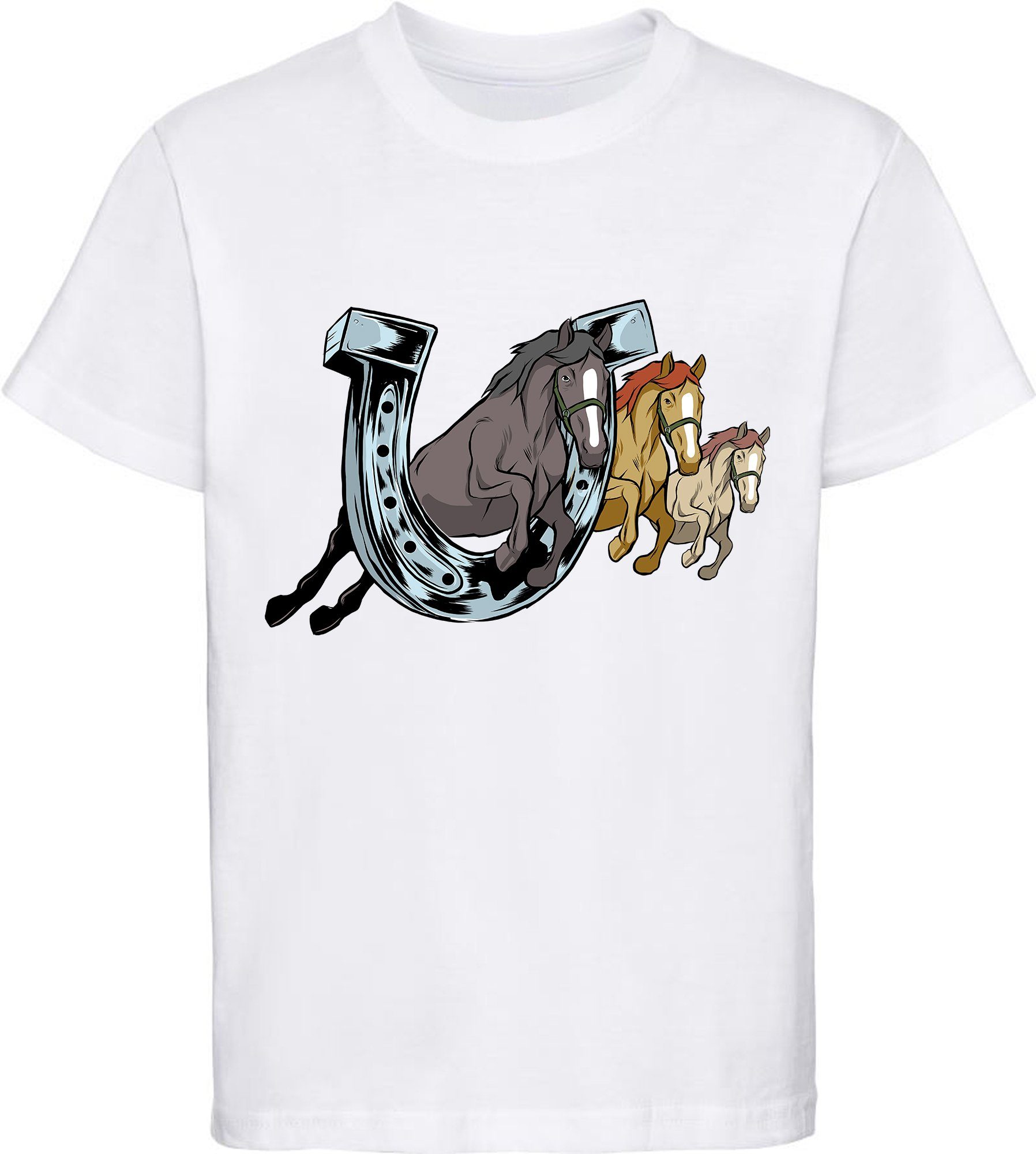 MyDesign24 Print-Shirt drei i145 Baumwollshirt springende weiss Hufeisen ein T-Shirt Mädchen durch Pferde mit Aufdruck, bedrucktes