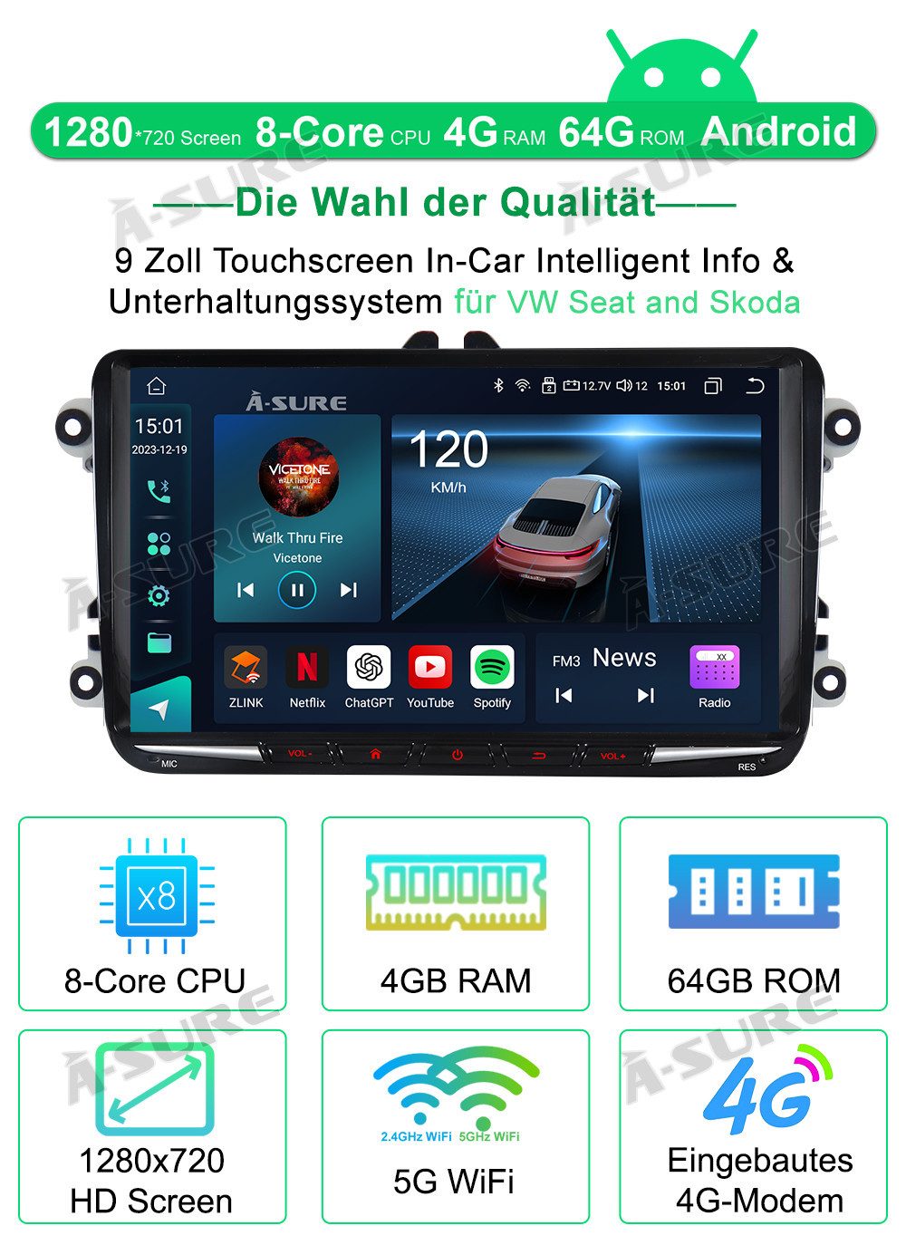 A-Sure 8-Core 4+64G Android Autoradio Navi Für VW GOLF 5 6 Tiguan Touran Polo Autoradio (8Core, 4G LTE, Digitalradio (DAB), FM, AM)