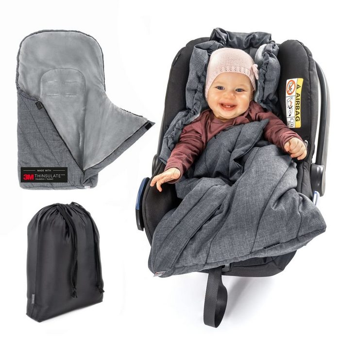 Zamboo Fußsack Deluxe - Melange Grau Baby Winter Fußsack 3M für Babyschale / Maxi Cosi - Winterfußsack mit Thinsulate Füllung warme Kapuze Tasche