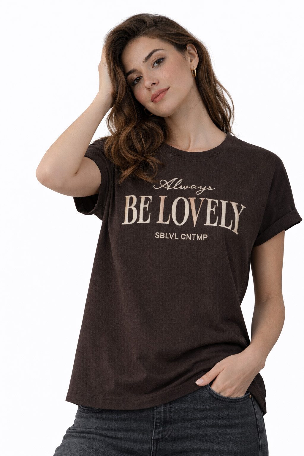 SUBLEVEL T-Shirt Damen Shirt Turn-Up Ärmel Weiches Basic Shirt Rundhals Kurzarm Baunwolle Modal Mix, super soft, unifarben, markenlogo