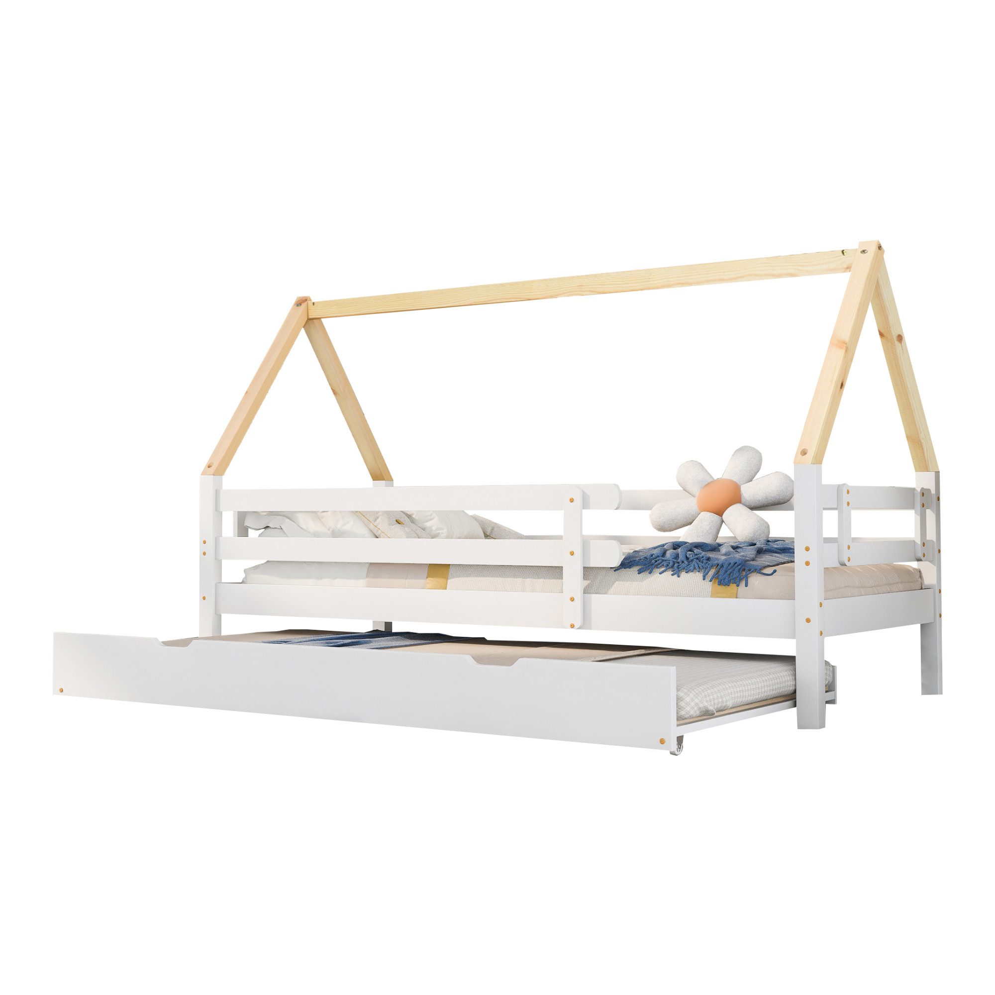 Merax Hausbett aus Massivholz mit Bettkasten, Einzelbett 90x200cm, ausziehbar, Kinderbett