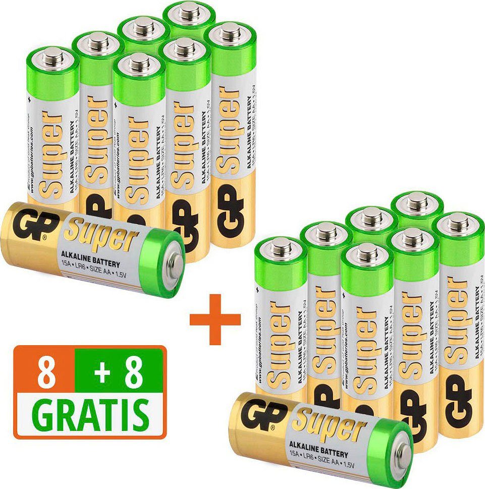 GP Batteries 16 Stück (8+8) AA Mignon Super Alkaline, 1,5V Batterie, (1,5 V, 16 St)
