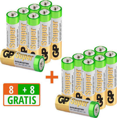 GP Batteries »16 Stück (8+8) AA Mignon Super Alkaline, 1,5V« Batterie, (1,5 V, 16 St)