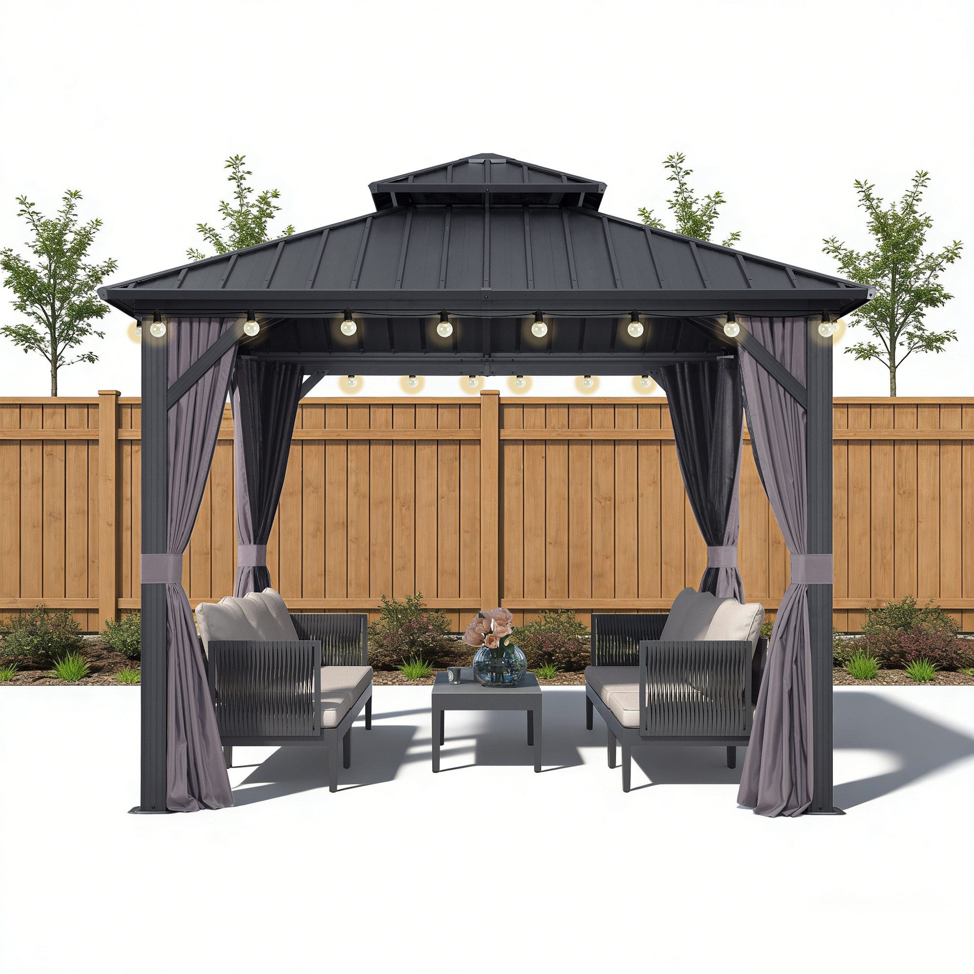 PURPLE LEAF Pavillon Günstiges Gartenpavillon mit LED-Lichterkette, (1 Pavillon + LED-Licht, Vorhängen und Moskitonetz), Wasserdicht, UV-beständig, Privatsphärenschutz