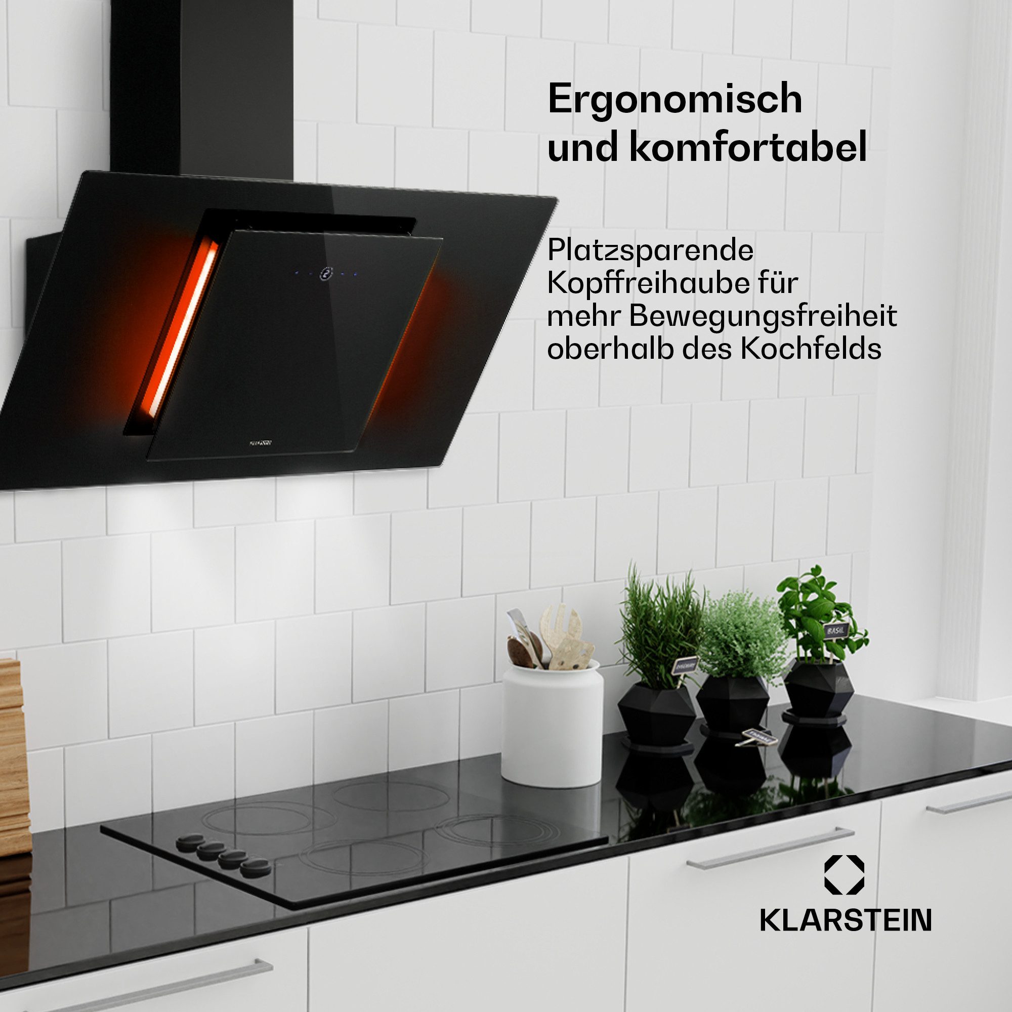Klarstein Deckenhaube Eleonora 90 Serie Eleonora 90 Wandhaube 90 cm 420 m³/h A++ Touch RGB-Ambiente Glas-Front Eleonora 90, Abzugshaube kopffrei Abluft Umluft Wandhaube mit Aktivkohle & 3 Stufen