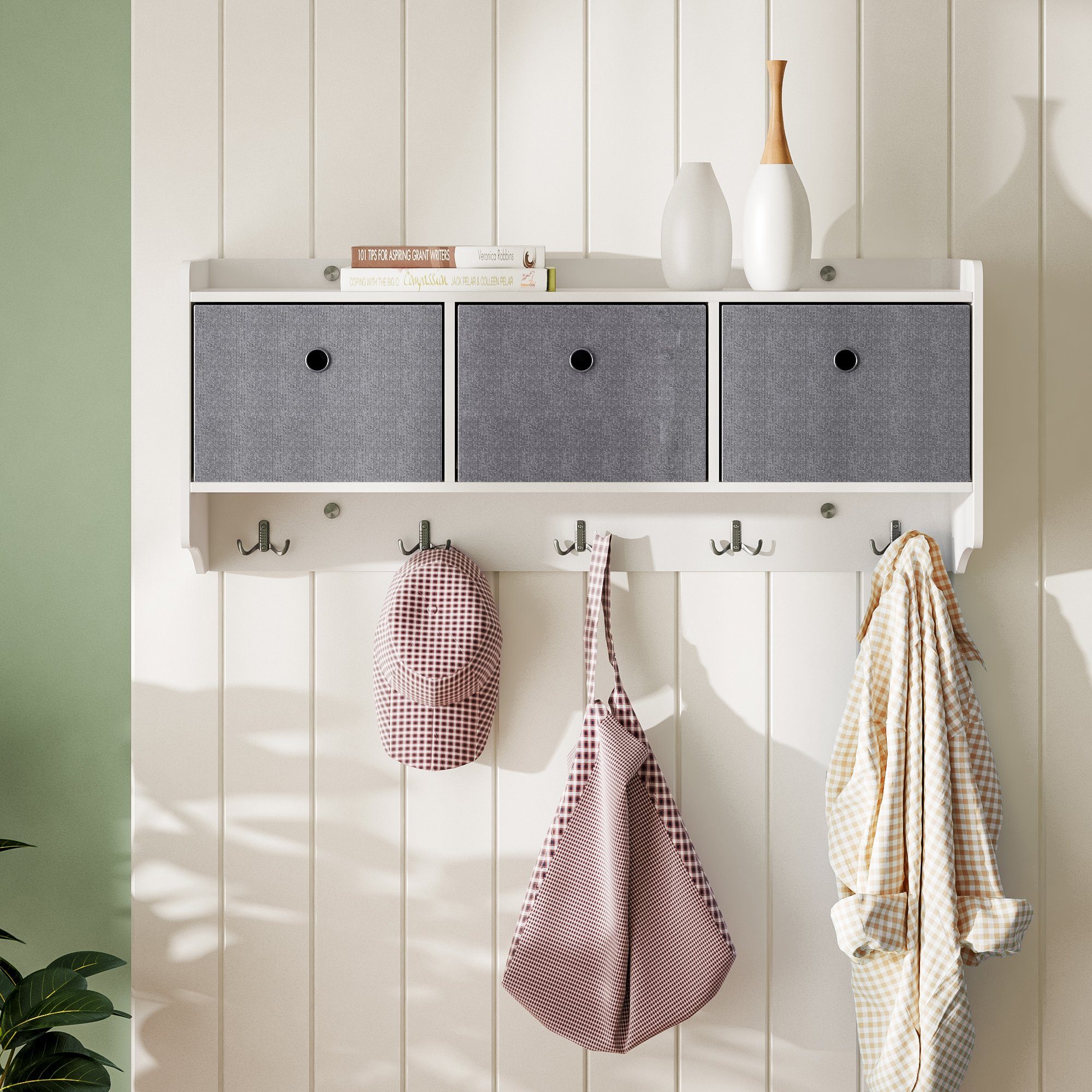 Mondeer Wandgarderobe Wandregal, Hängeregal mit 3 Körben und 5 Haken, Weiß günstig online kaufen