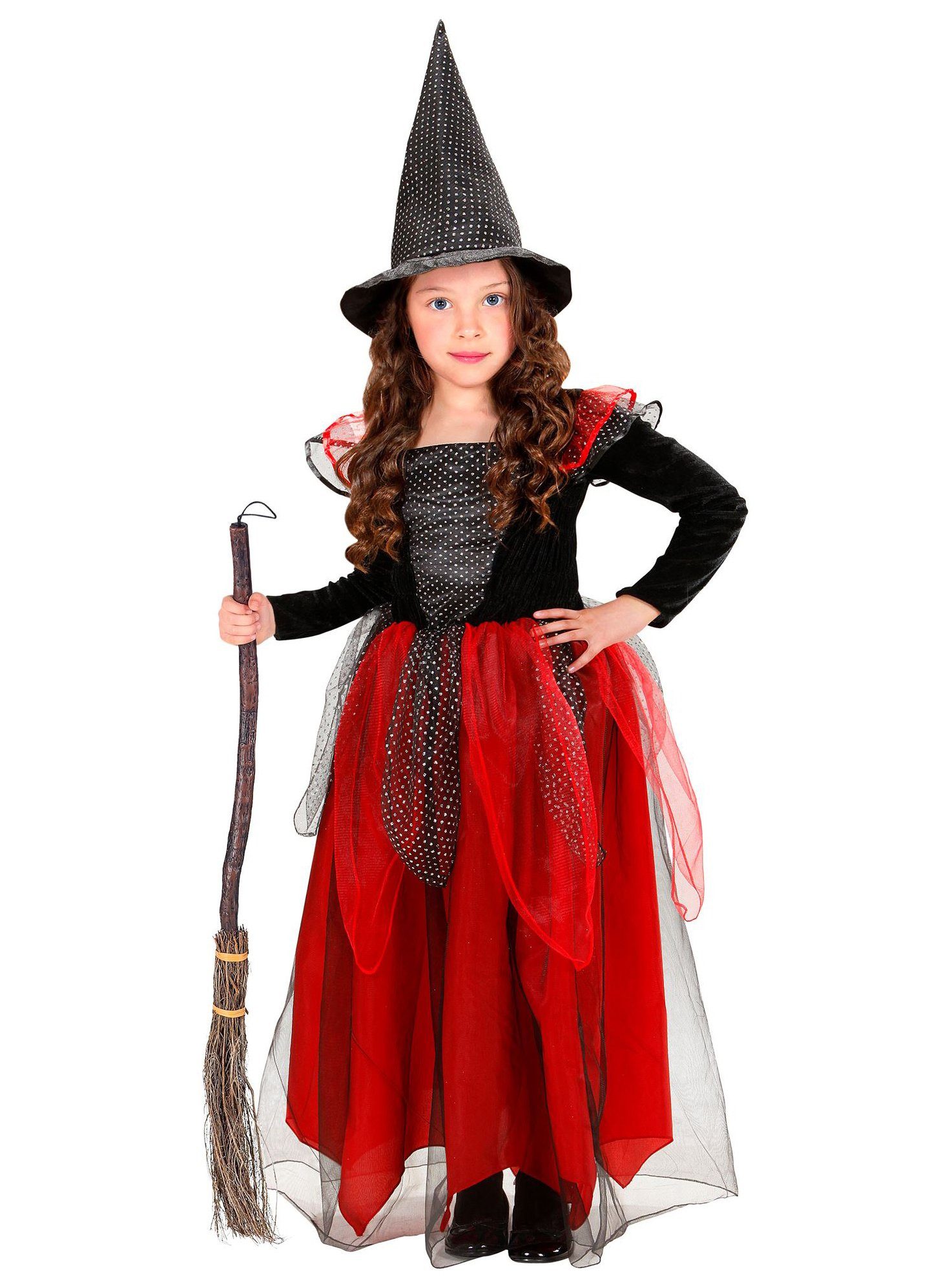 Widdmann Hexen-Kostüm Gifthexe - Halloween Kostüm Kinder Mädchen, Mit rotem und scharzem Netzstoff besetztes Hexenkostüm für Halloween