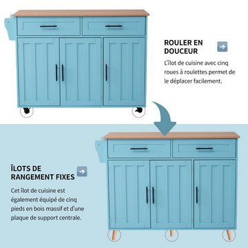 Fangqi Servierwagen Küchenwagen,Kücheninsel,Küchenschrank, 3 Türen 2 Schublade, (129 x 76 x 91,5cm, blau,grau), Aufbewahrungstür-Design,Räder/Massivholzfüße umschaltbar