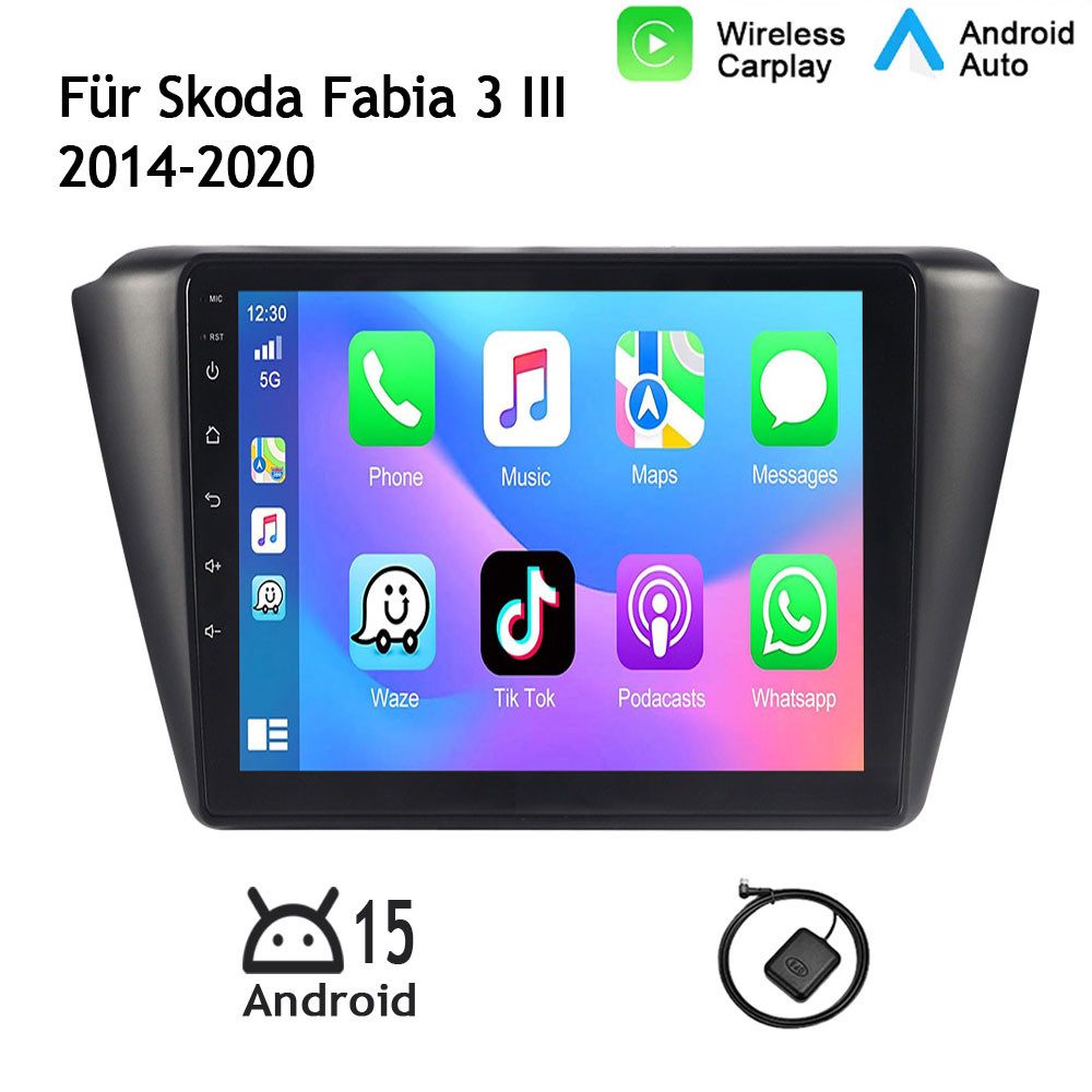 A-Sure Carplay Navi 4+64GB 8-Core Android 15 Für Skoda Fabia 3 III 2014-2020 Autoradio (Digitalradio (DAB), FM, AM, 1280*800 IPS Screen RDS, DSP, GPS, SWC, UI Theme, Siri, Mirrorlink, Google play, Netflix, Youtube, Calendar, TikTok)
