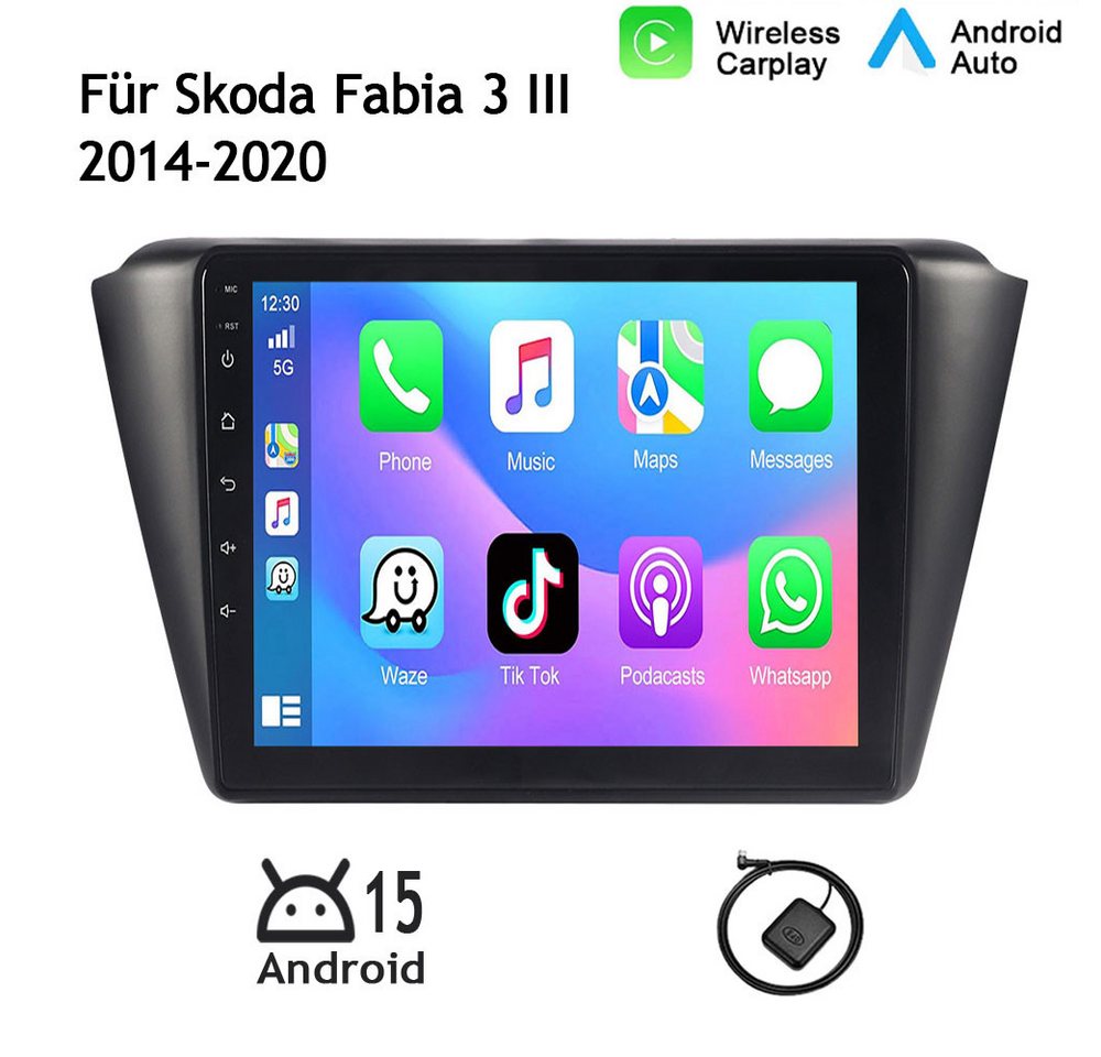 A-Sure Carplay Navi 4+64GB 8-Core Android 15 Für Skoda Fabia 3 III 2014-2020 Autoradio (Digitalradio (DAB), FM, AM, 1280*800 IPS Screen RDS, DSP, GPS, SWC, UI Theme, Siri, Mirrorlink, Google play, Netflix, Youtube, Calendar, TikTok)