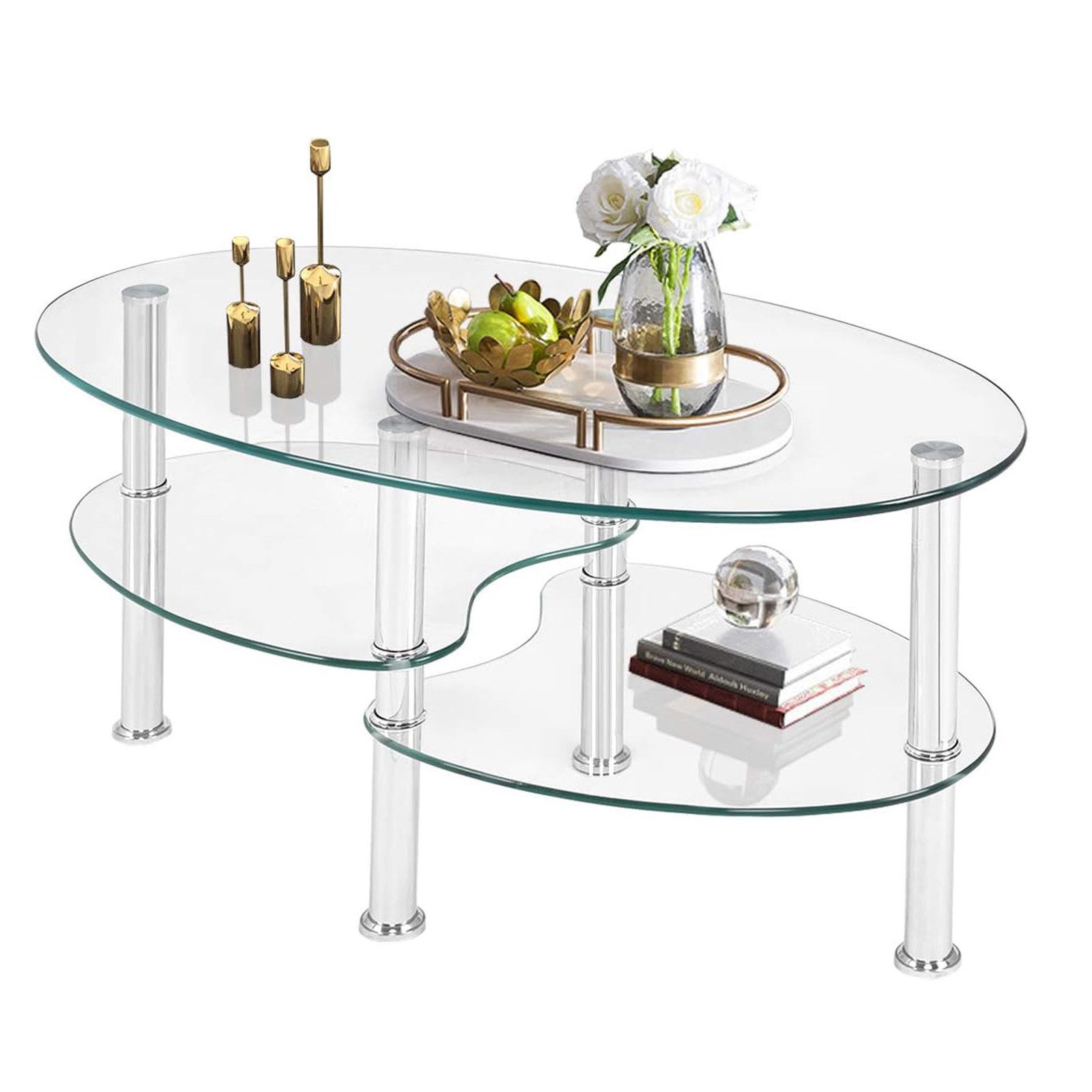 KOMFOTTEU Couchtisch Beistelltisch, 3 Ebenen Glastisch, mit Metallgestell günstig online kaufen