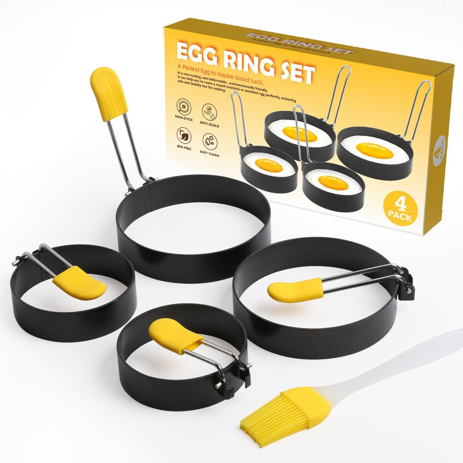 POPOLIC Herzkuchenform Spiegeleiform Antihaft, Edelstahl Runde Ei Ring 4 Stück Pancake Form, (Spiegeleiformen Set, runde Antihaft-Eieringe, hitzefeste Eierkocher-Formen 4-tlg), Küchen-Zubehör