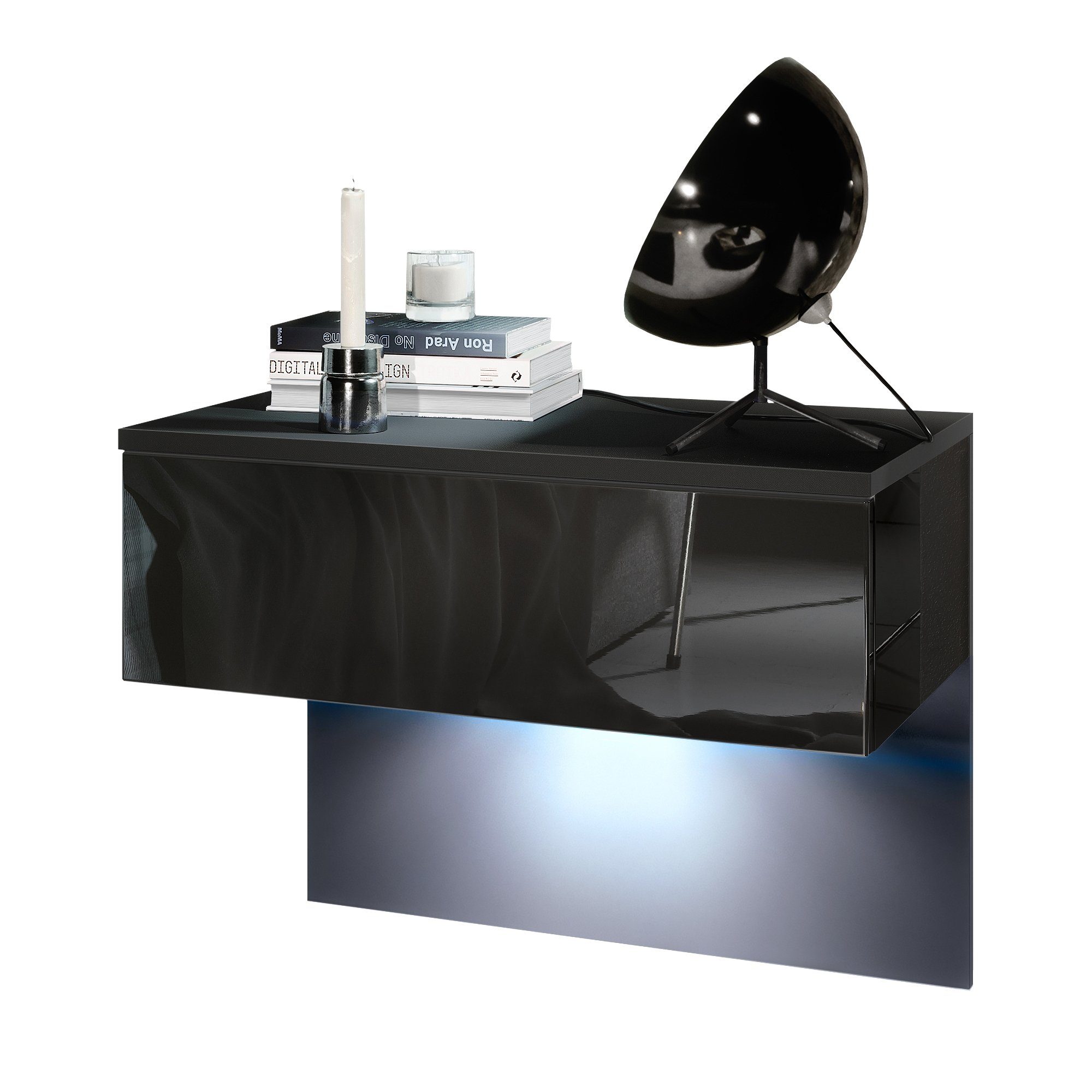 Vladon Nachttisch Sleep (Nachttischschrank, mit Schublade zur Wandmontage), Schwarz matt/Schwarz Hochglanz, inkl. LED-Beleuchtung (60x46x35 cm)