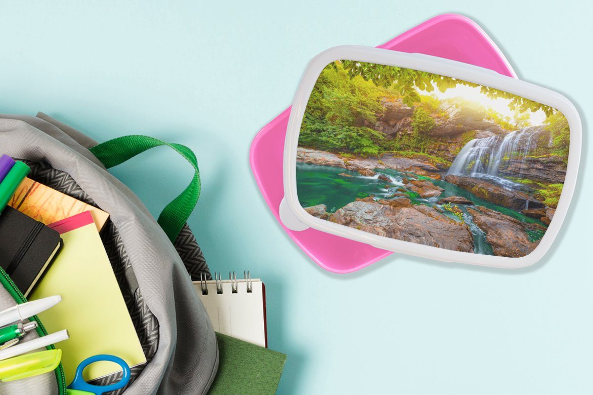 MuchoWow Lunchbox Natur - Wasserfall (2-tlg), Erwachsene, für Kunststoff Brotdose Kinder, - Brotbox Kunststoff, Mädchen, Pflanzen - Bäume Snackbox, Sonne, - rosa