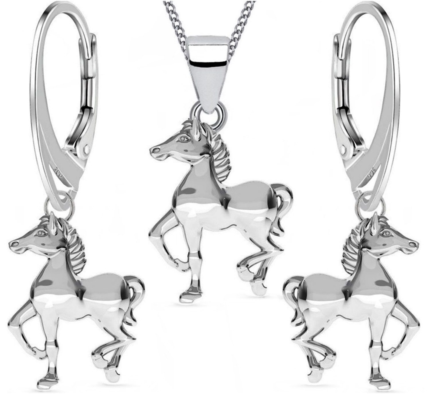 Schmuckset Pferde Set Anhänger 40cm Kette Brisur Ohrringe 925 Silber Mädchen