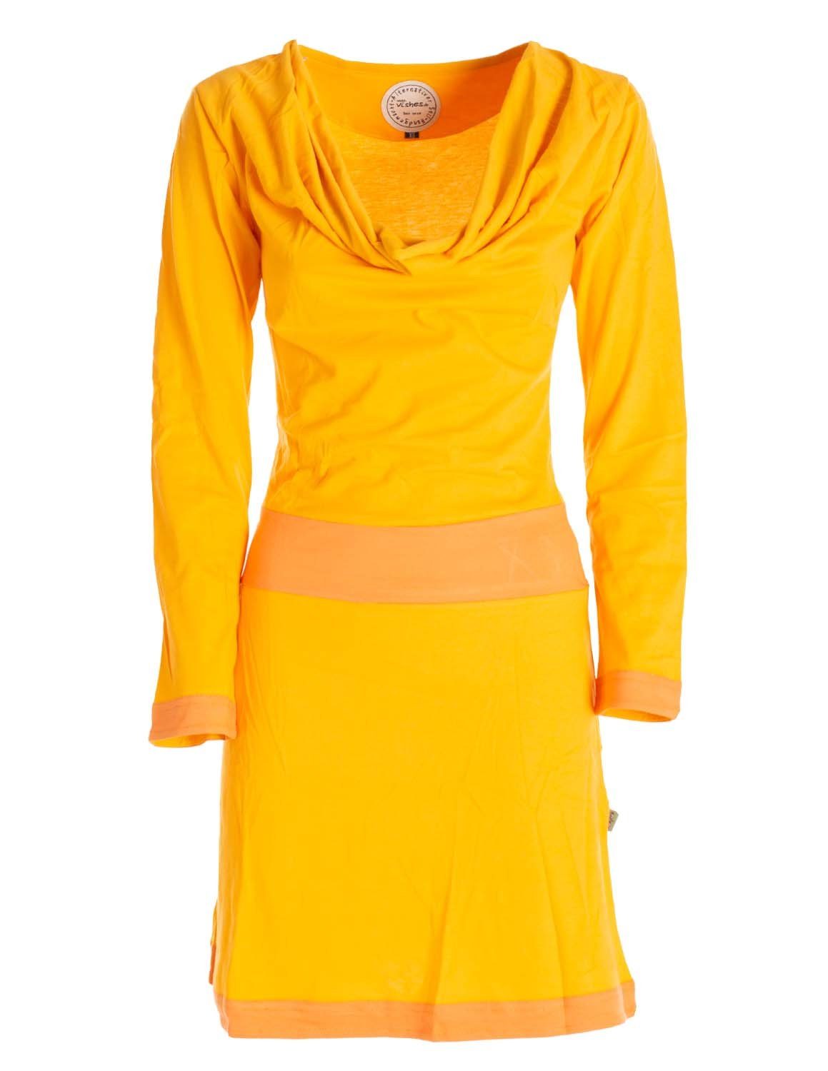 Vishes Midikleid Langarm Kleid Wasserfallkragen Bio-Baumwolle farbiger Bund Boho, Thno, Hippie, Festival Style gelb