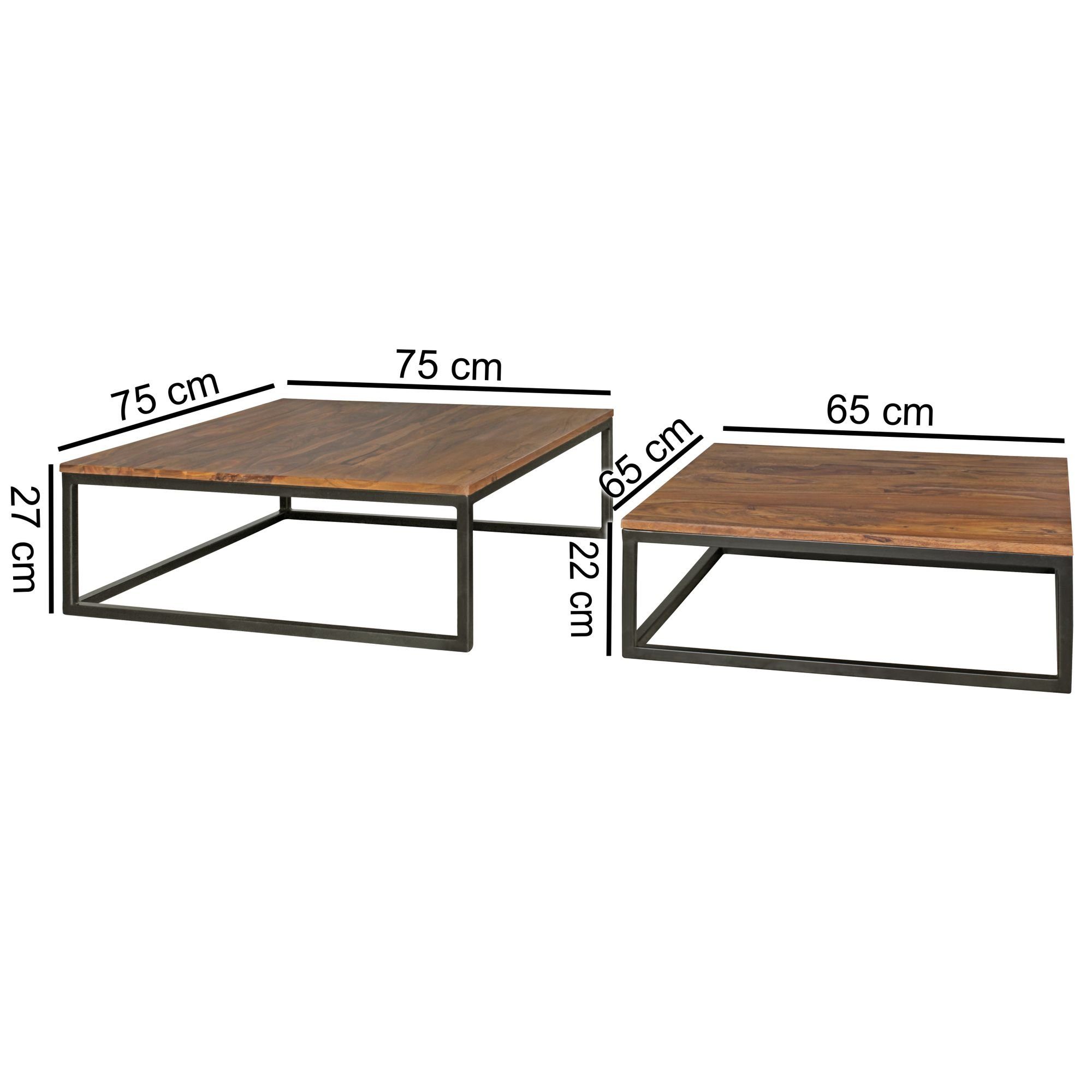 (AKOLA 2-teilig Tisch Massivholz mit Design Couchtisch 75x75x27 Metallbeinen cm), Wohnzimmertisch WL5.054 Sheesham Holz Wohnling