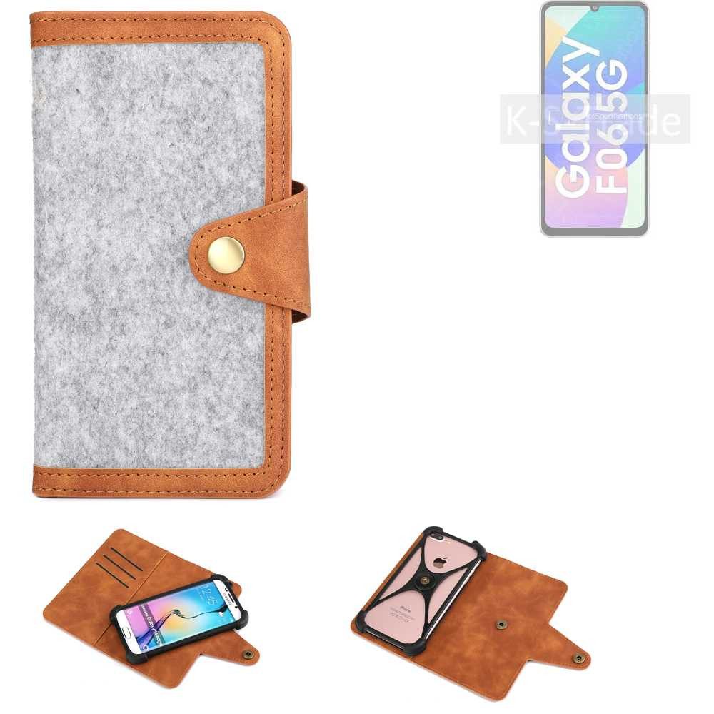 K-S-Trade Handyhülle für Samsung Galaxy F06 5G, Handyhülle Schutzhülle Filz-Hülle Kunst-Leder hellgrau braun