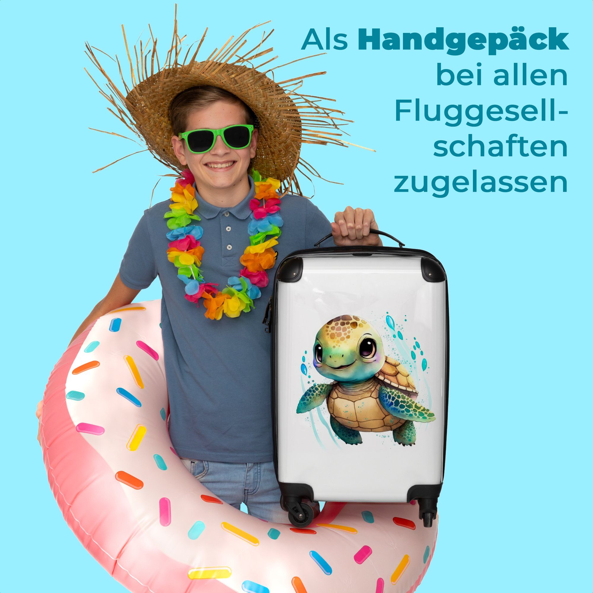 4 NoBoringSuitcases.com© Kinderkoffer für - rollen, Handgepäck mit 55x35x20cm Mädchen Wasserfarben Reisetasche Rollen, Kindertrolley, - Schildkröte - Jungen, - Koffer Tiere Ferien,