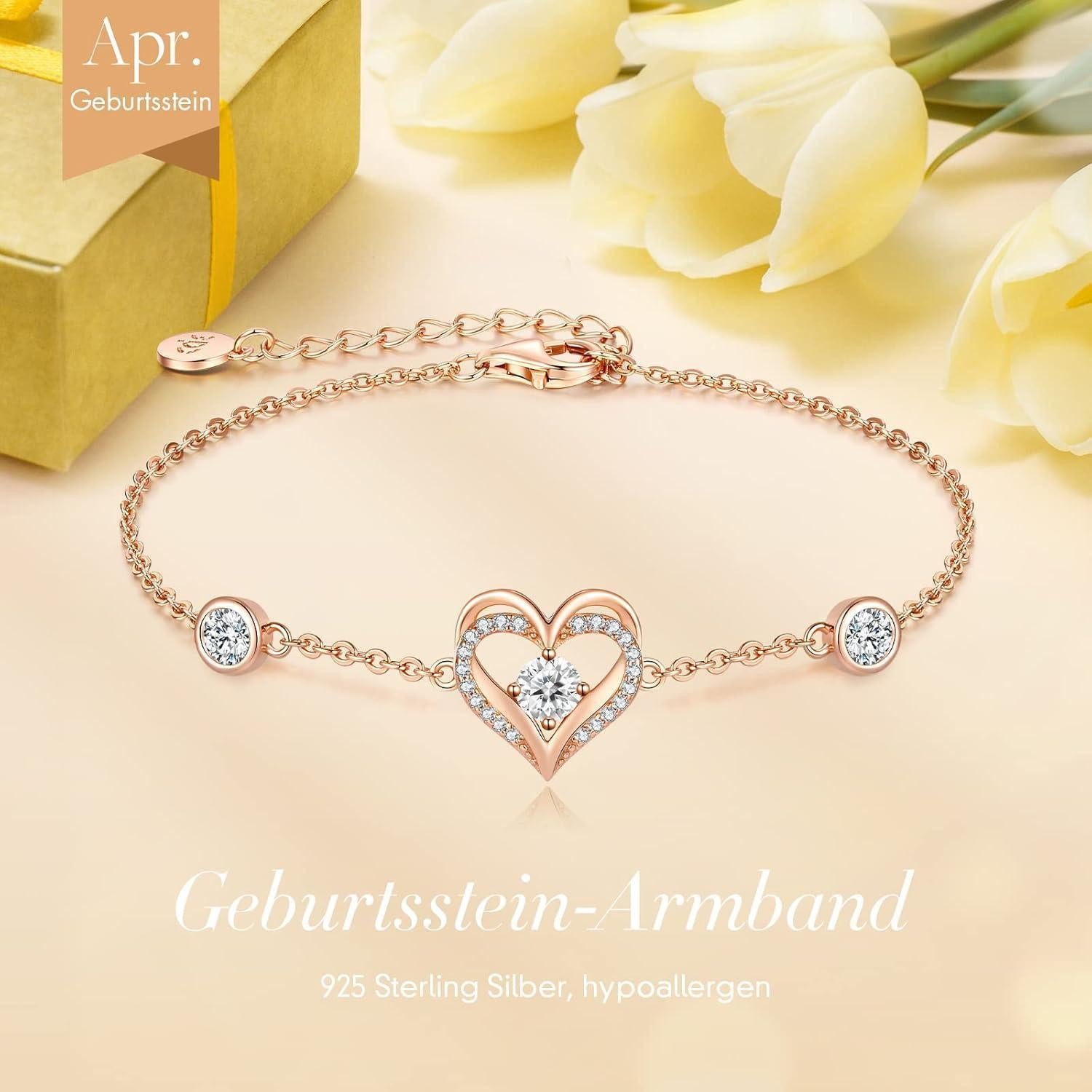 LuxusKollektion Tennisarmband Armband Damen 925 Herz Rosegold Mini April Sterling Silber