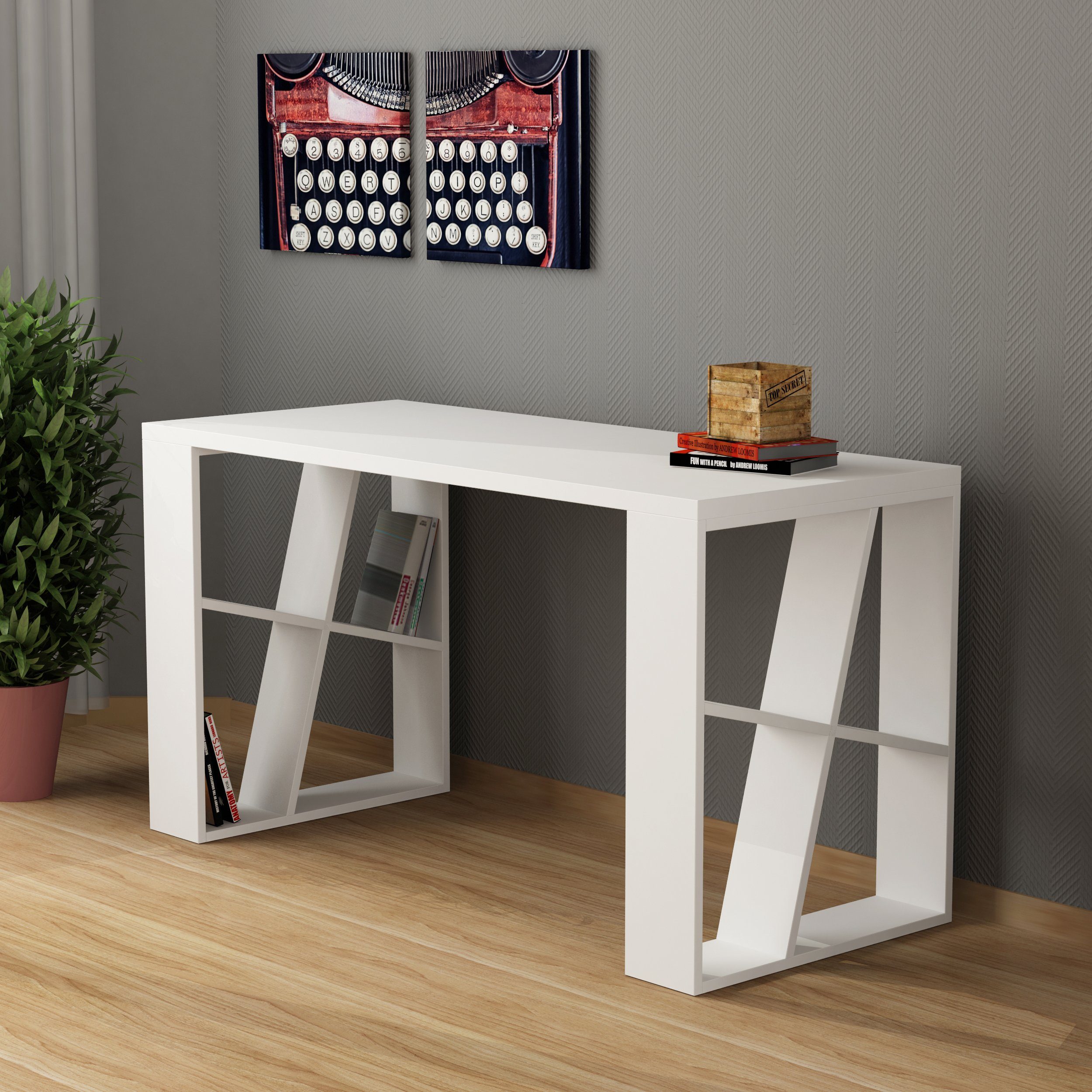 Decortie Schreibtisch Honey (1 Tisch), Moderner Schreibtischt mit Bücherregal, 137 x 60 x 75 cm Weiß