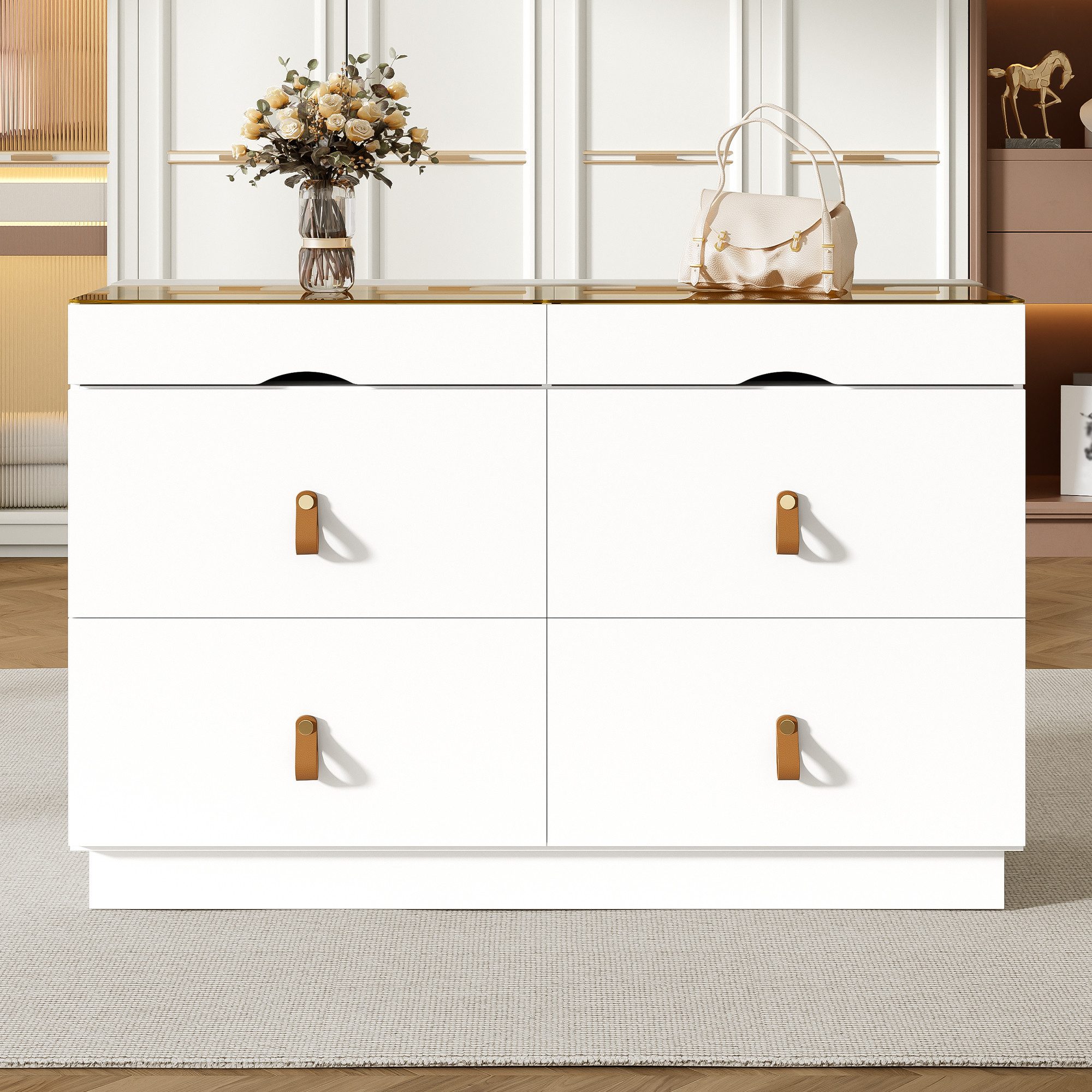 Flieks Kommode mit Glas-Arbeitsplatte, 6 Schubladen und Kunstledergriffen (1 St., B120/T40/H78 cm), Mehrzweckschrank Schmuckschrank Holzschrank Weiß