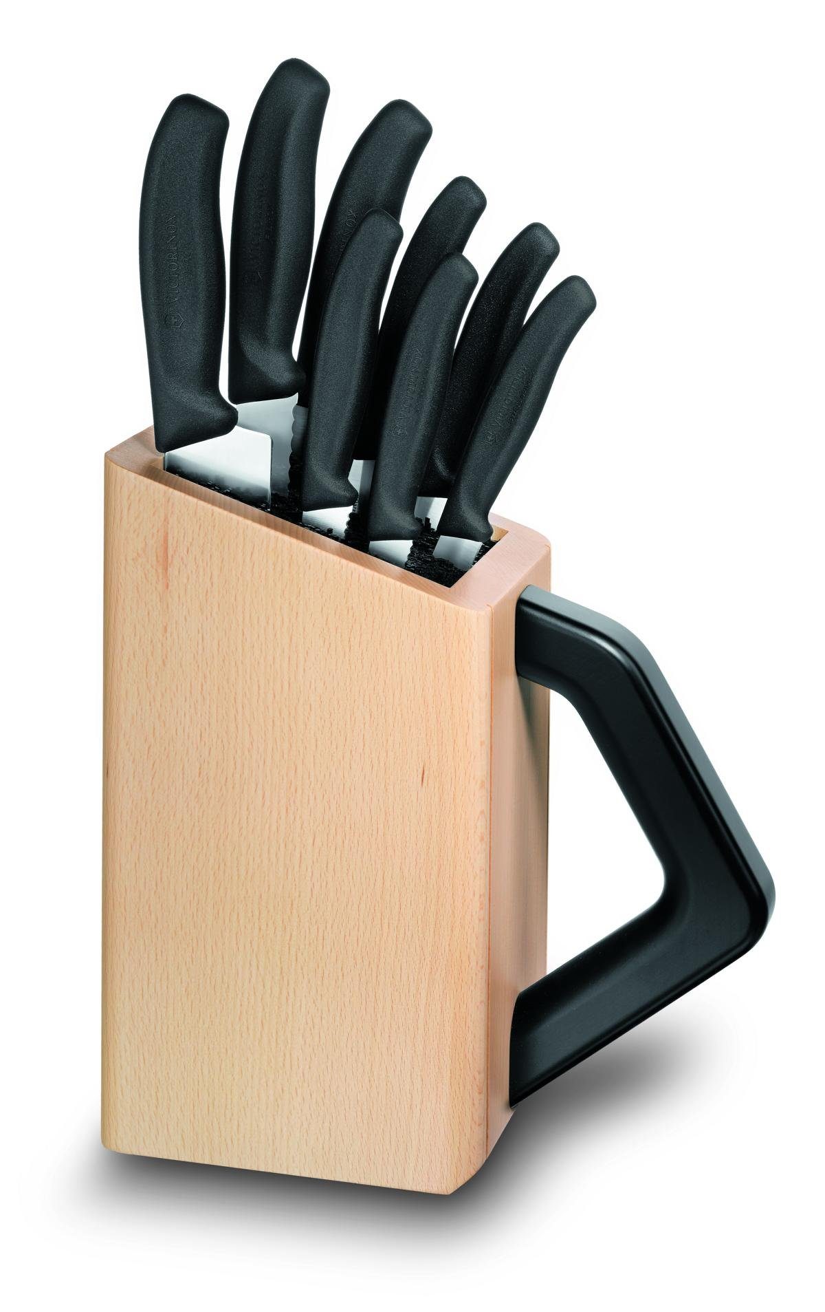Buchenholz Messer, 8 Victorinox UNIVERSAL, schwarz, Messerblock Taschenmesser
