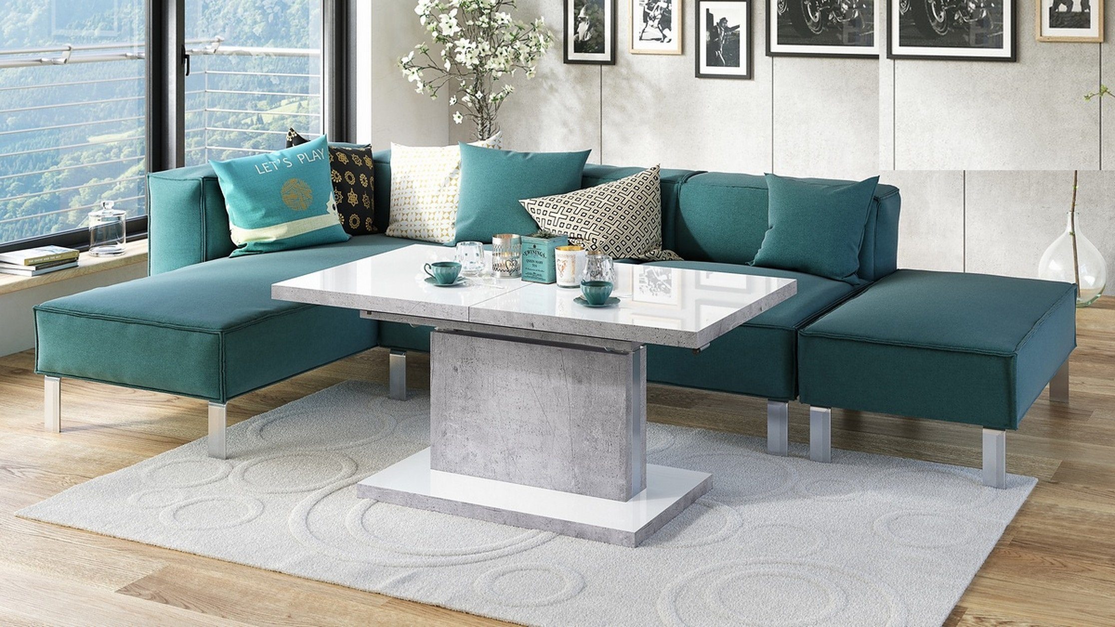 Mazzoni Couchtisch Aston Weiß Hochglanz / Beton höhenverstellbar ausziehbar 120 bis 200cm