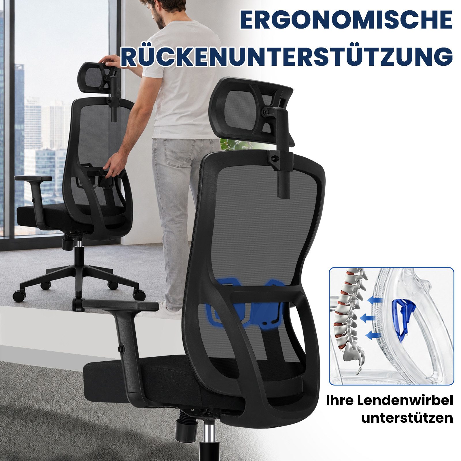 Durrafy Bürostuhl Ergonomischer Bürostuhl 200 kg mit Kopfstütze & Lordosenstütze (Schreibtischstuhl), atmungsaktiver Netzrücken, 130° Wippfunktion, verstellbare Armlehnen