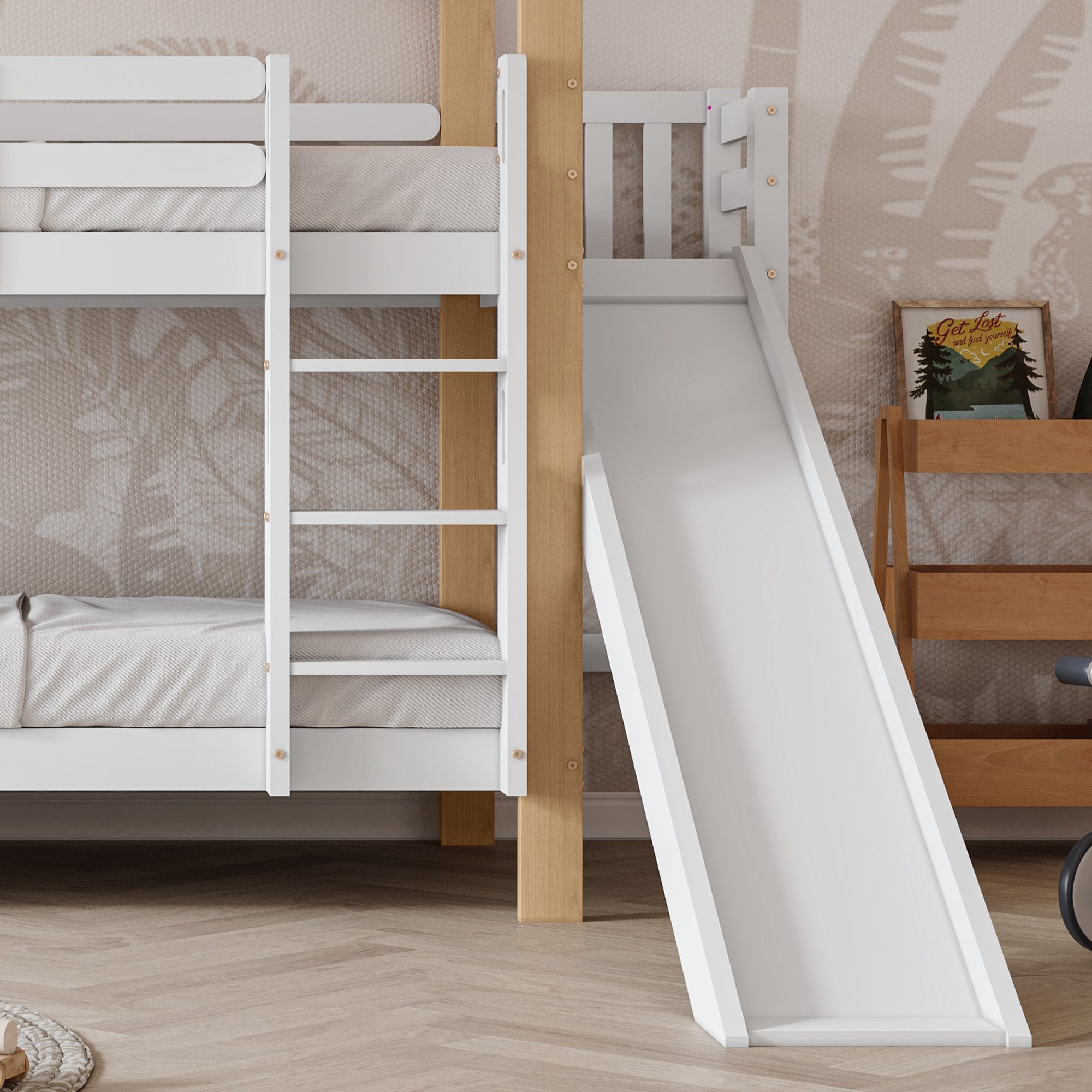 Etagenbett, Hochbett Kinderbett mit Lattenrost, Rutsche und Leiter, 90x200cm