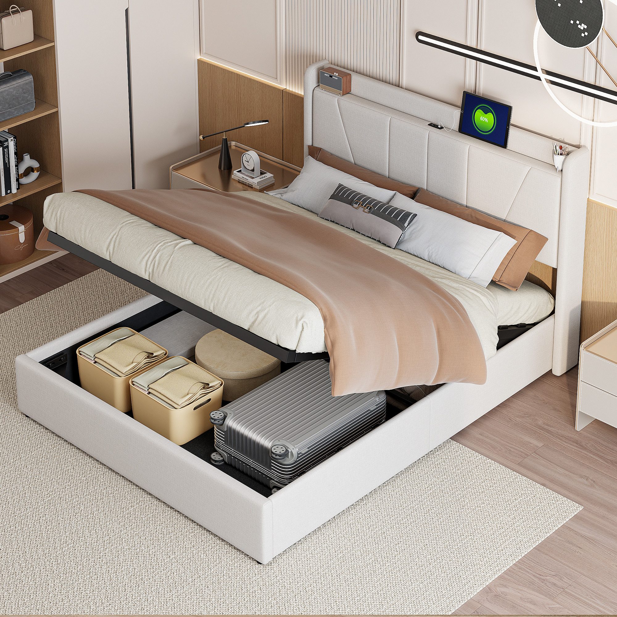 Gdood Polsterbett Stauraumbett Doppelbett Mit Bettkasten (2 USB + 1 TYPE-C, hydraulisch hebbarem Stauraum), Mit, Ladefunktion, Lattenrost, Leinen, 160x200 cm