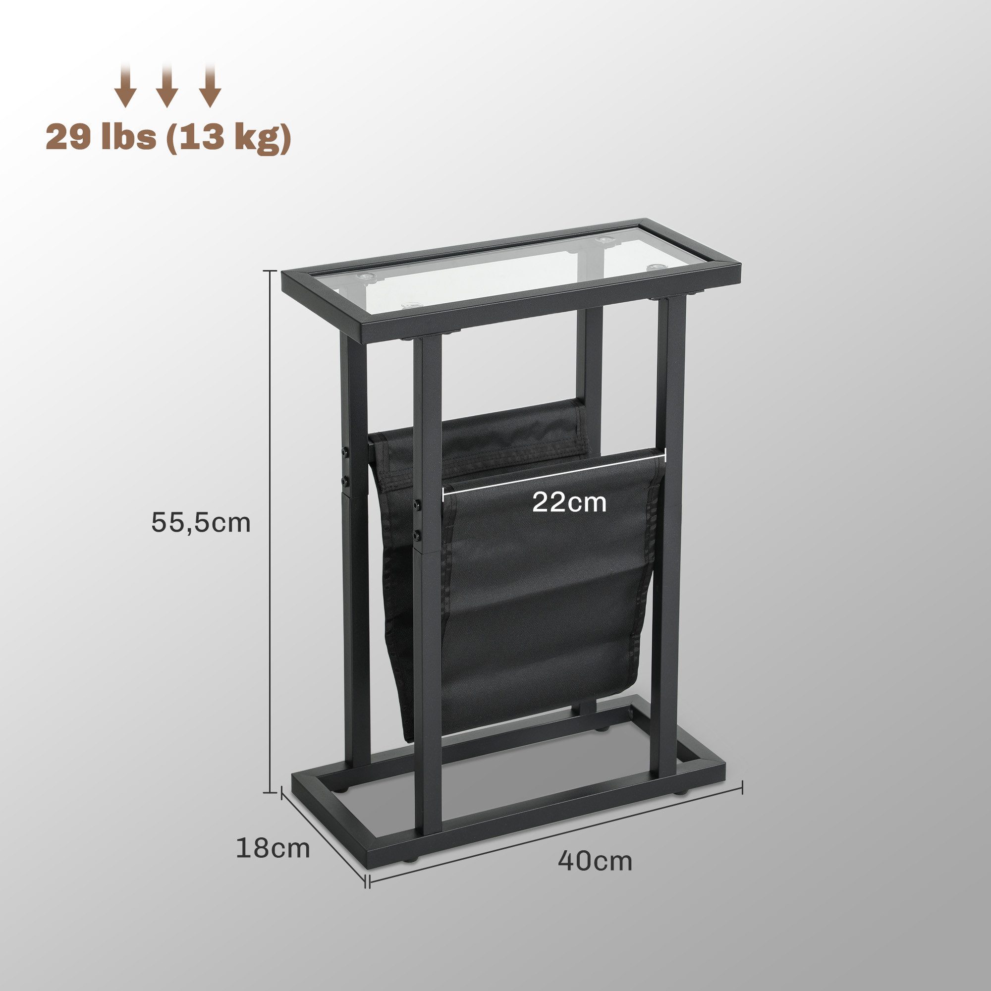 HOMCOM Beistelltisch mit Stofftasche, Metallrahmen, Glasplatte (Couchtisch, 1-St., Nachttisch), für Wohnzimmer, Schlafzimmer, Schwarz, 40 x 18 x 55,5 cm