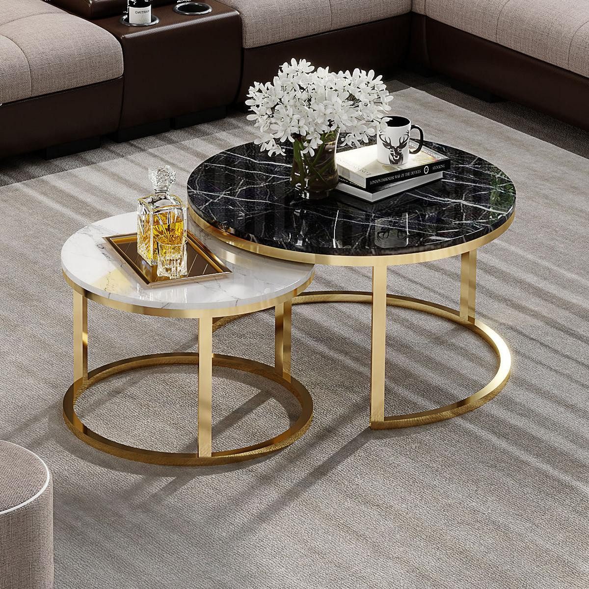 Xlmoebel Couchtisch Runder Marmortisch mit Edelstahlgestell in elegantem Design (2-teilig, Set 2x Couchtisch), Hergestellt in Europa
