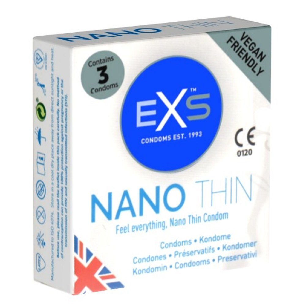 EXS Kondome Nano Thin - superdünne Kondome mit der dünnsten Wandstärke Packung mit, 3 St., samtige Oberfläche, perfekte Wärme-Übertragung
