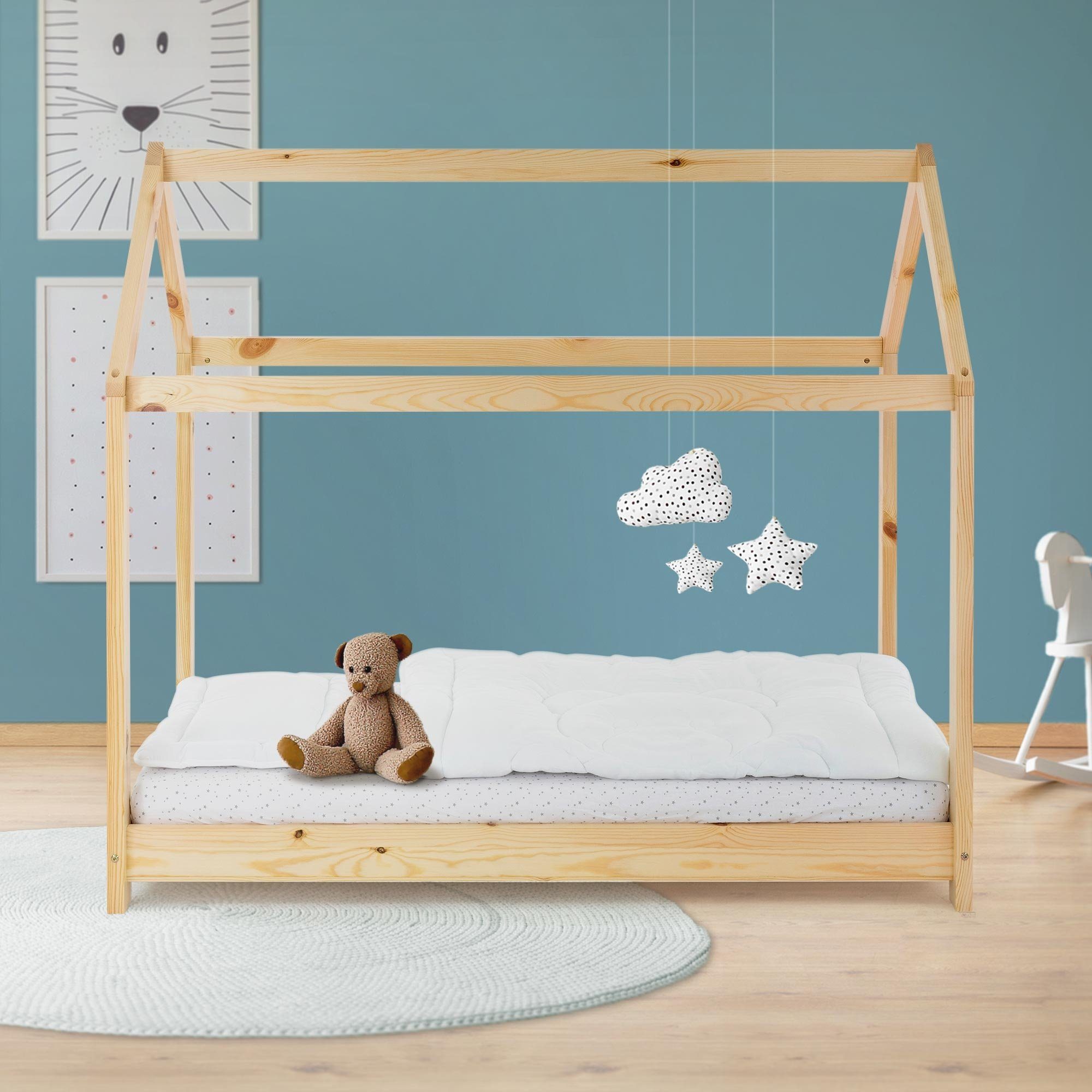 ML-DESIGN Kinderbett Hausbett mit Dach und Lattenrost aus massivem Kiefernholz, Bett 70x140 cm Natur stabiles Spielbett aus Kiefernholz