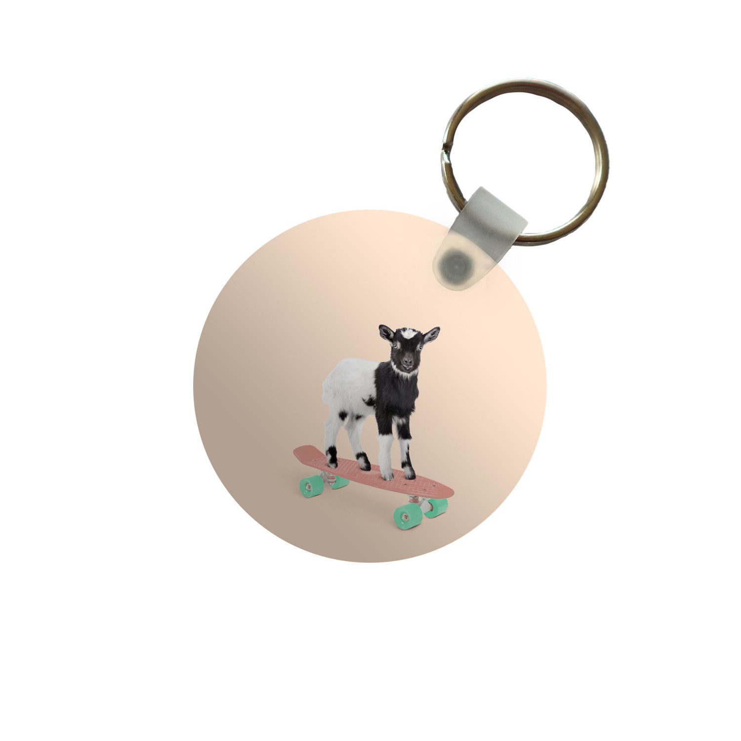 MuchoWow Schlüsselanhänger Ziege - Schwarz - Skateboard - Weiß - Tiere, Rund, Geschenk für Damen / Herren / Kinder mit Schlüsselring, 5x5 cm