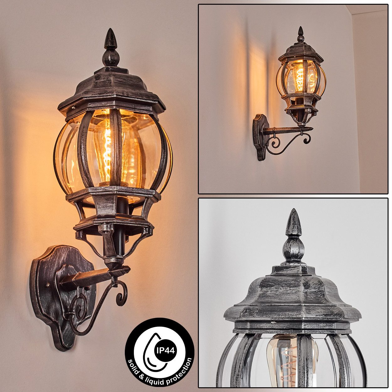 hofstein Außen-Wandleuchte Außenwandlampe aus Metall/Glas in Schwarz/Silberfarben/Klar, ohne Leuchtmittel, Wandleuchte im Vintage/Antik/Landhaus-Design, E27, IP44