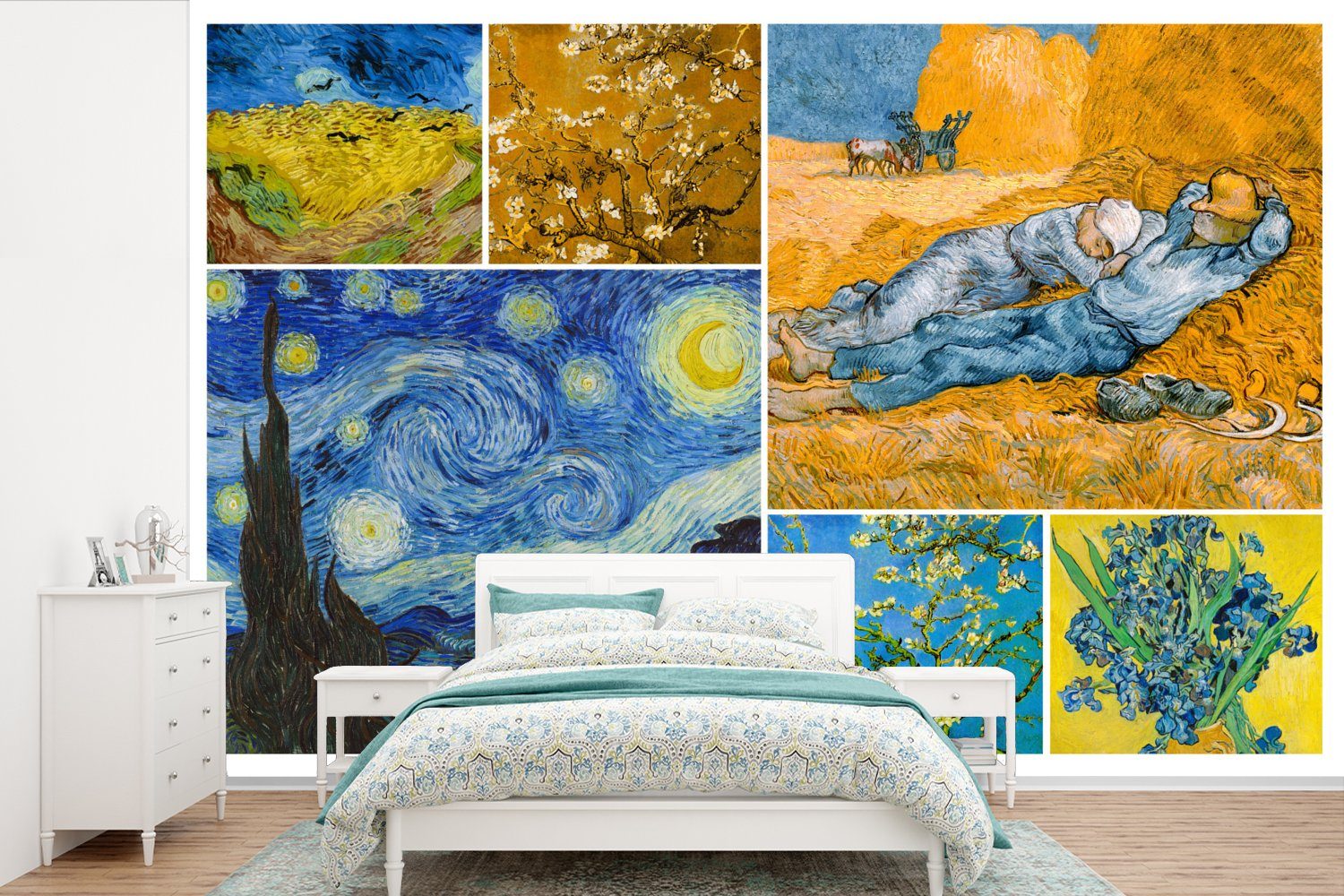 MuchoWow Fototapete Van Gogh - Collage - Alte Meister, Matt, bedruckt, (6 St), Wallpaper für Wohnzimmer, Schlafzimmer, Kinderzimmer, Vinyl Tapete