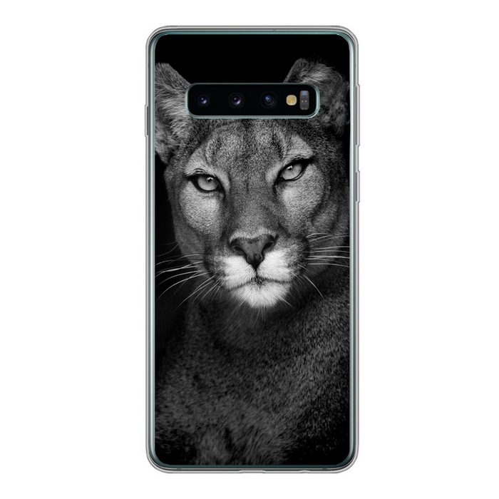 MuchoWow Handyhülle Porträtfoto eines Pumas auf schwarzem Hintergrund Phone Case Handyhülle Samsung Galaxy S10 Silikon Schutzhülle