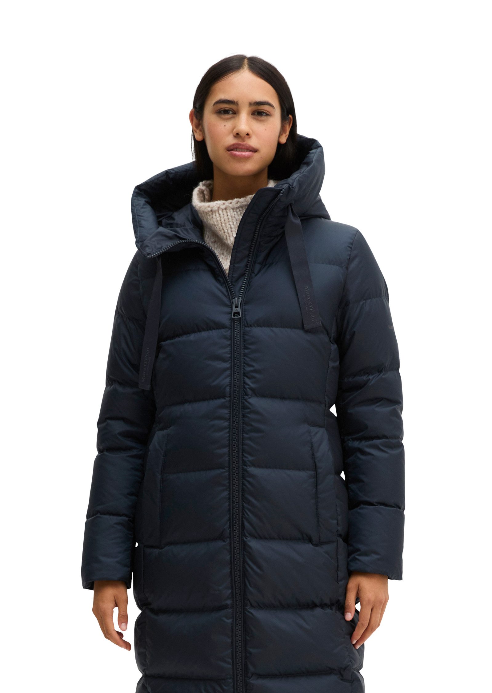 Marc O'Polo Daunenmantel mit 2-Way-Zipper, großer Kapuze und Label-Band