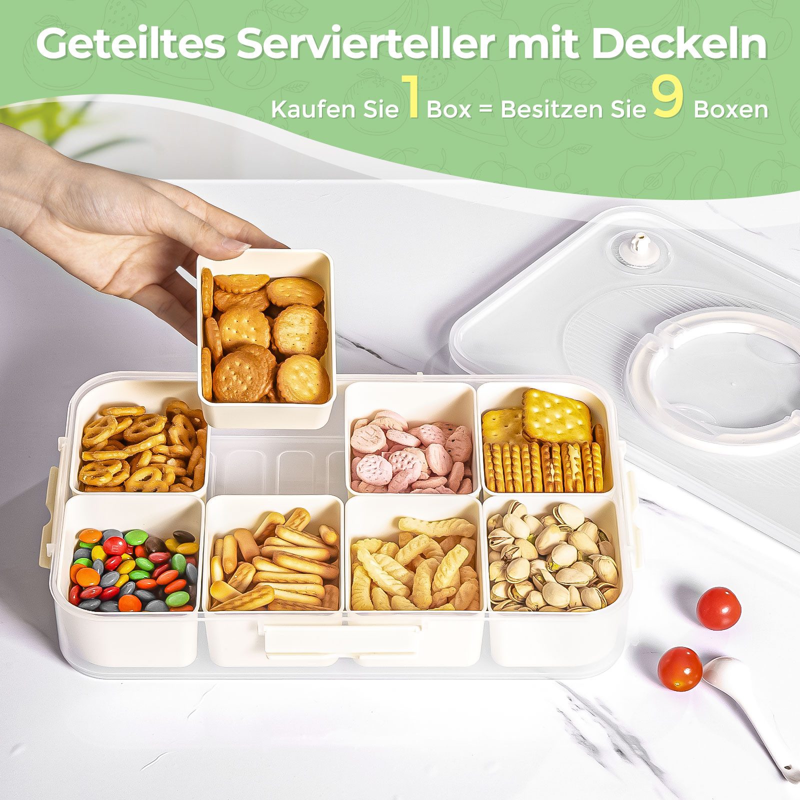 Elegear Vorratsdose Snackbox mit 8 Fächern, Snackteller mit Deckel und Griff, Snackschale, Polypropylen, (1-tlg., 1x Snackbox mit Deckel und Griff), Snackdose Organizer für Snacks Süßigkeiten Nüsse Obst Gewürze